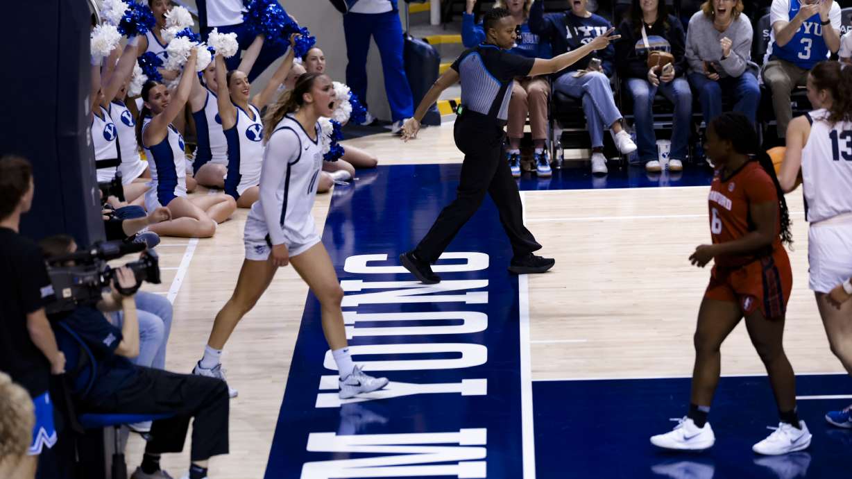 BYU guard Delaney Gibb celebrates during a WBIT quarterfinal game against Stanford, Thursday, March 26, 2026 in Provo, Utah.