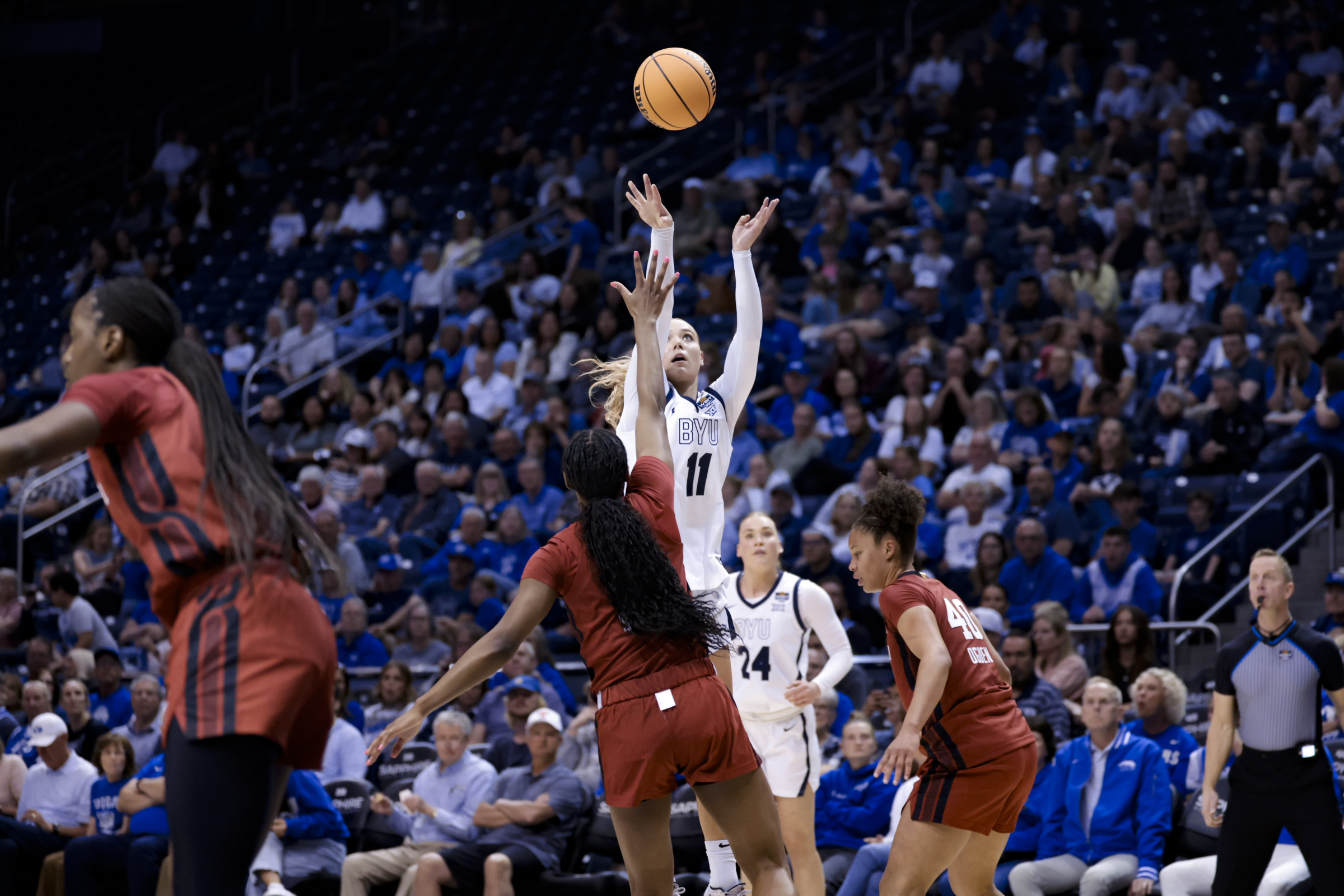 BYU guard Delaney Gibb puts up a shot during a WBIT quarterfinal game against Stanford, Thursday, March 26, 2026 in Provo, Utah.