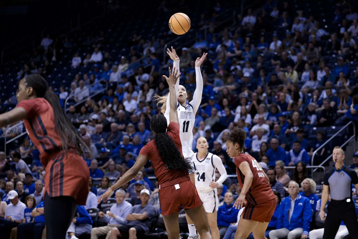 BYU guard Delaney Gibb puts up a shot during a WBIT quarterfinal game against Stanford, Thursday, March 26, 2026 in Provo, Utah.