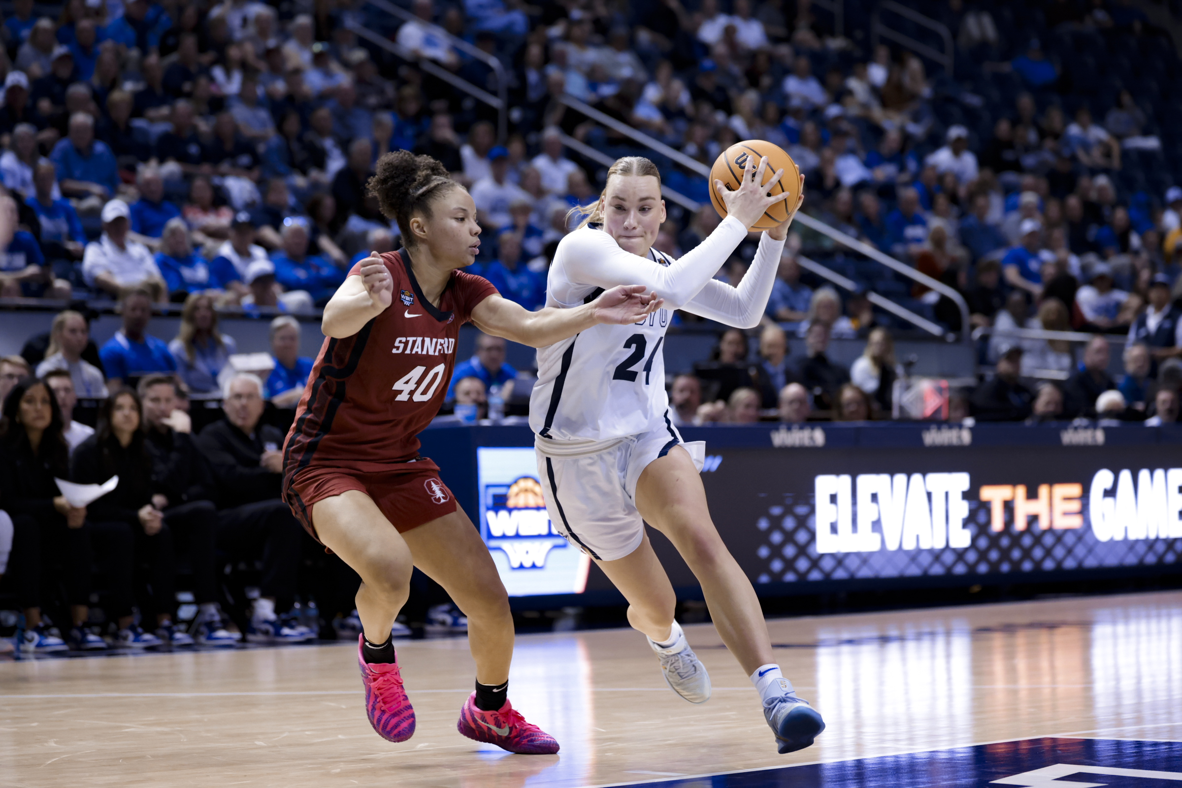 BYU forward Brinley Cannon looks to drive during a WBIT quarterfinal game against Stanford, Thursday, March 26, 2026 in Provo, Utah.