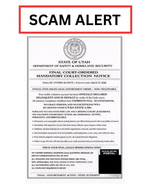 A scam alert from the Utah Department of Public Safety shows a message received by Utahns on Thursday. Over 100 calls have already been sent to the Utah DPS about the scam.