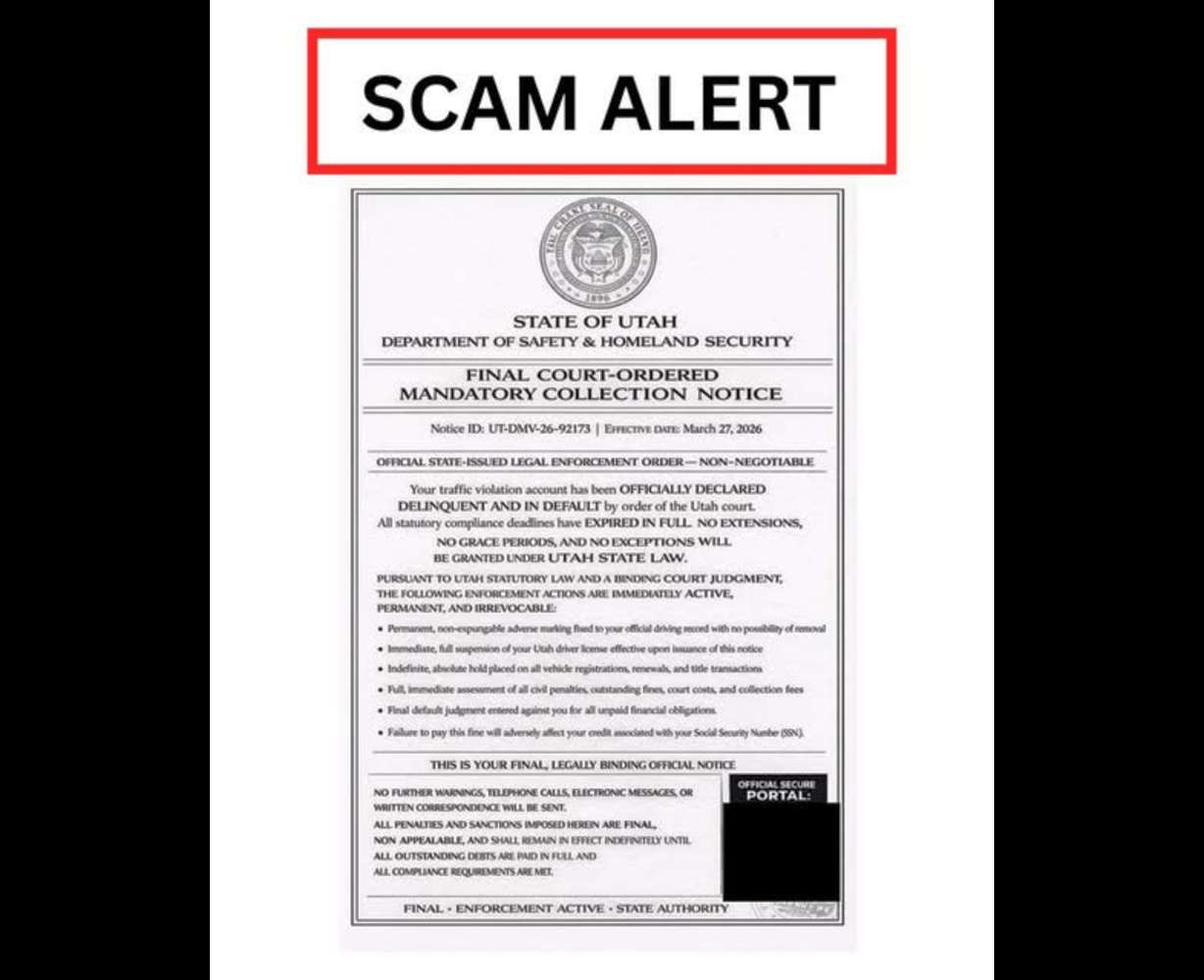 A scam alert from the Utah Department of Public Safety shows a message received by Utahns on Thursday. Over 100 calls have already been sent to the Utah DPS about the scam.
