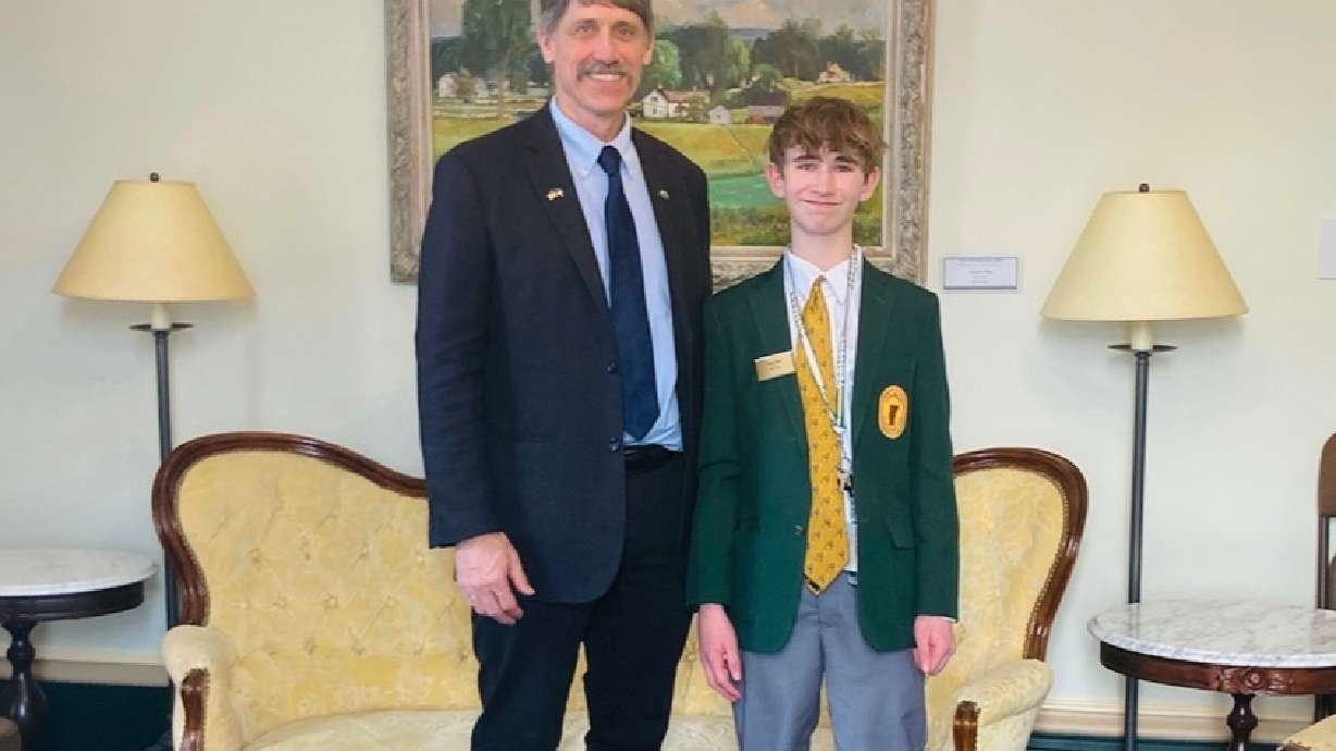 Legislative page Dean Roy is pictured with Vermont Lt. Gov. John Rodgers on Feb. 14, 2025, in Montpelier, Vermont. Roy is on the general election ballot for Vermont's gubernatorial race.