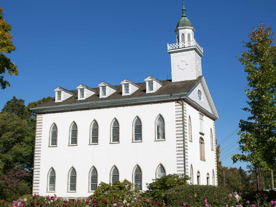 The Kirtland Temple is pictured in Kirtland, Ohio. At this temple's dedication, Joseph Smith and other church leaders were sustained in a manner similar to solemn assemblies the church holds today.