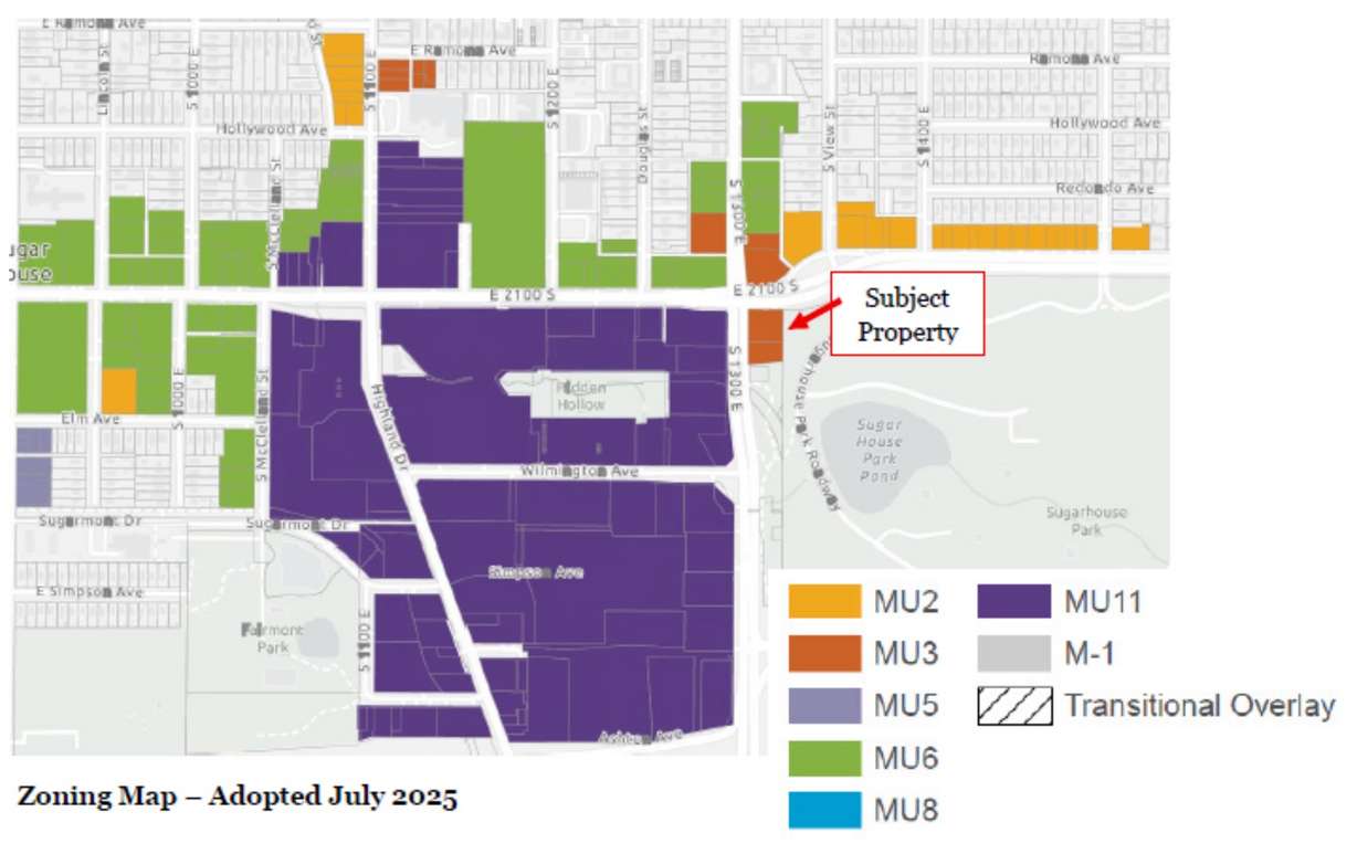 A zoning map of Salt Lake City's Sugar House neighborhood near 2100 South and 1300 East. The proposed rezone at 2111 S. 1300 East would allow for a build of up to 90 feet in height next to Sugar House Park.