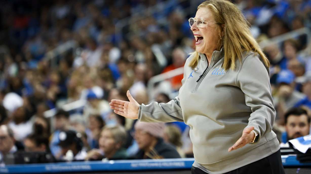 UCLA head coach Cori Close reacts during the first half against California Baptist in the first round of the NCAA college basketball tournament, Saturday, March 21, 2026, in Los Angeles.