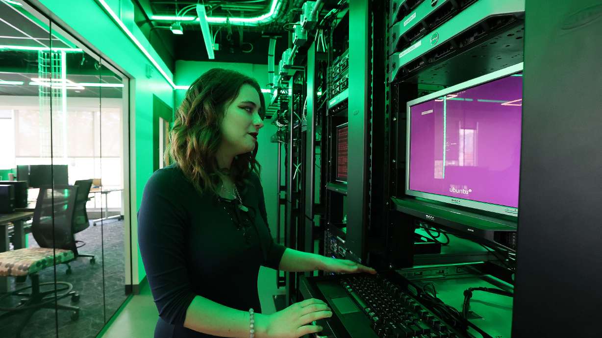 Lizzy Russell studies cybersecurity at the Davis Catalyst Center in Kaysville on April 26, 2022. The Utah System of Higher Education on Thursday said $100 million will be used to expand access to profession-based education for K-12 students.