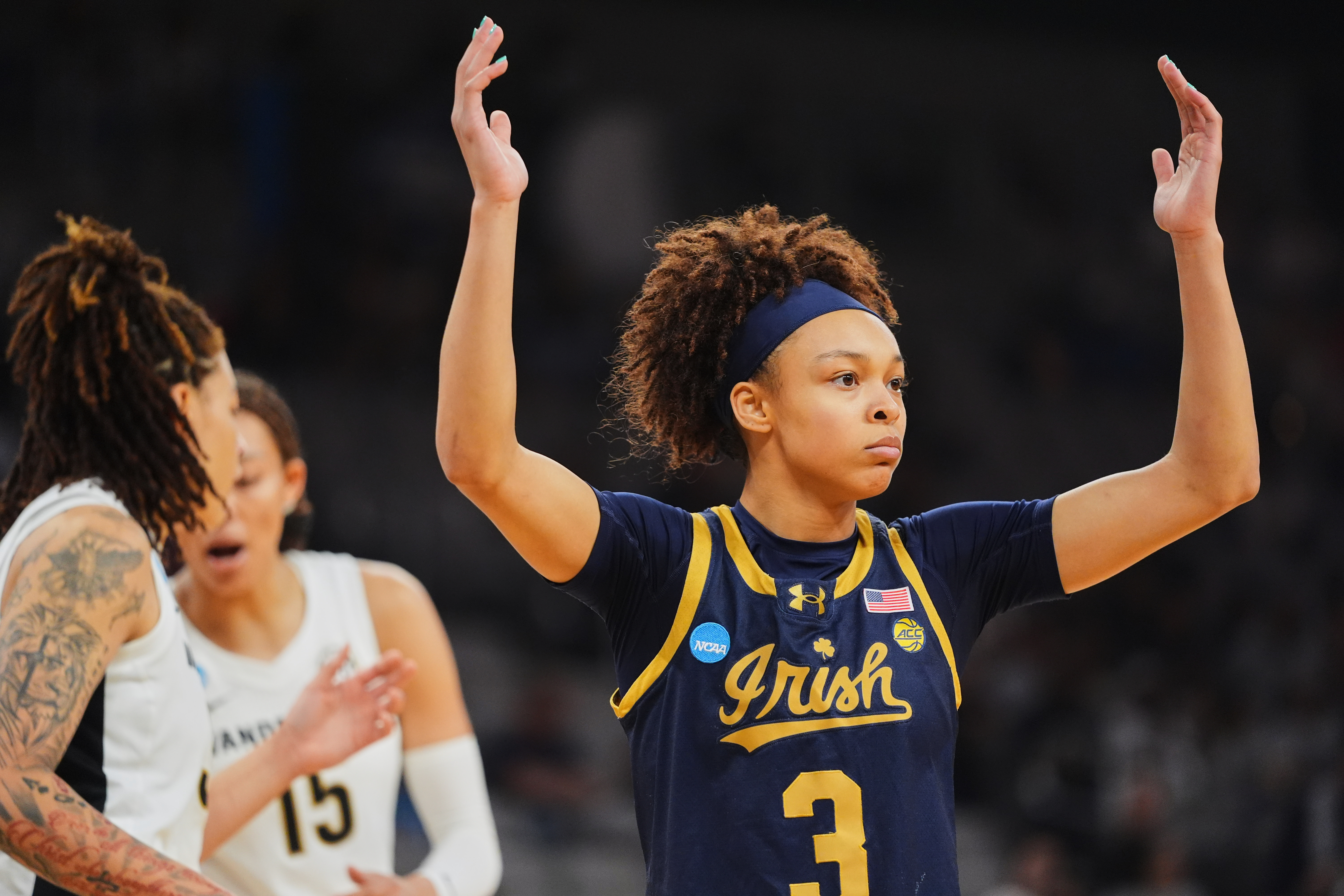 Notre Dame guard Hannah Hidalgo reacts to play against Vanderbilt in the first half in the Sweet 16 of the NCAA college basketball tournament, Friday, March 27, 2026, in Fort Worth, Texas. 