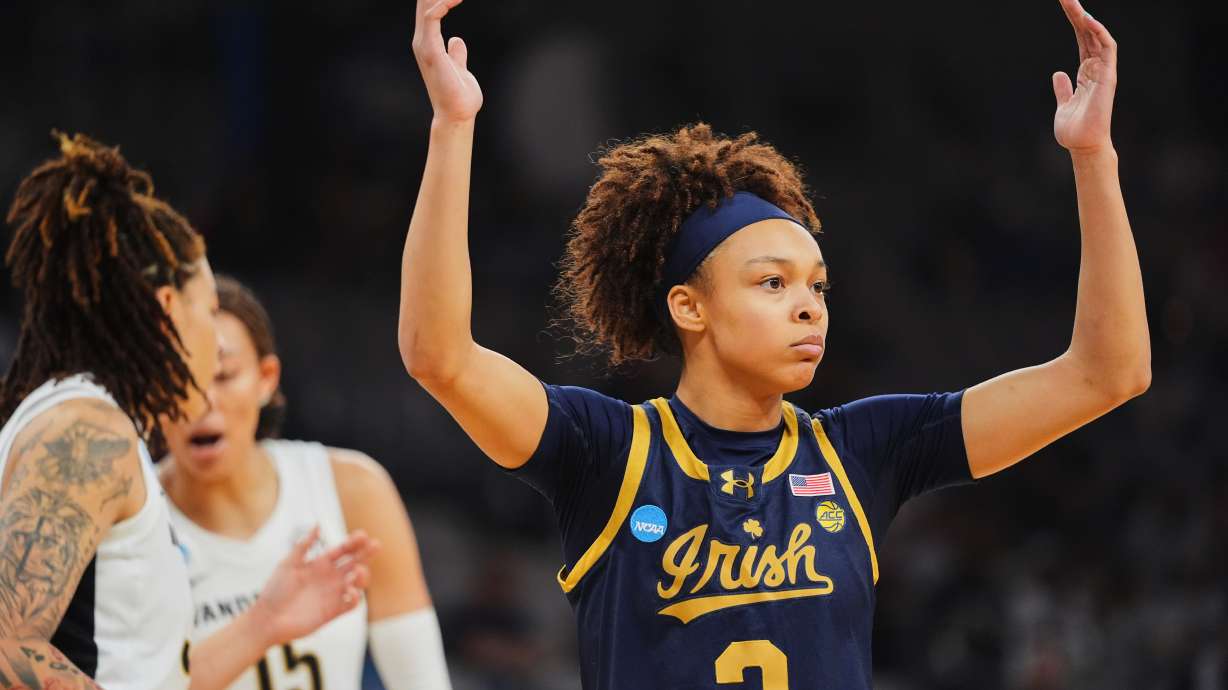 Notre Dame guard Hannah Hidalgo reacts to play against Vanderbilt in the first half in the Sweet 16 of the NCAA college basketball tournament, Friday, March 27, 2026, in Fort Worth, Texas.