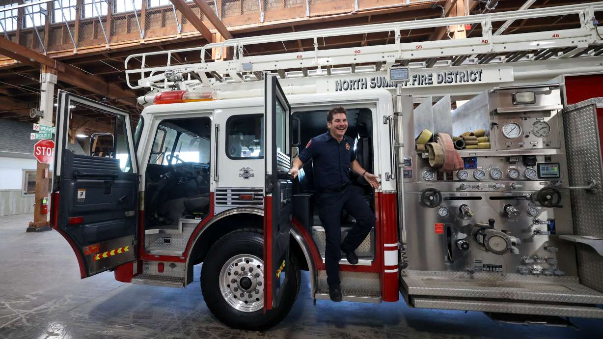 Zach Gleason steps off a fire truck at the new Emergency Services Training Lab at Davis Technical College in Clearfield on Jan. 7, 2025. DavisTech, along with other technical colleges, are facing the prospect of "strategic reinvestment."