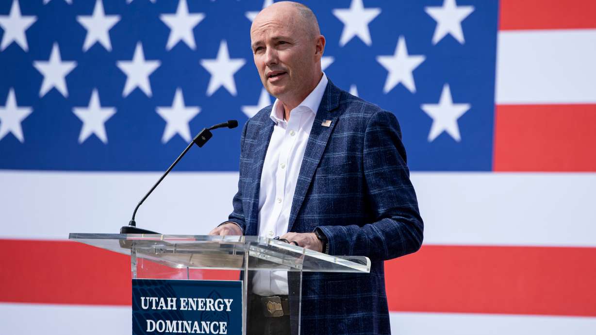 Gov. Spencer Cox speaks during a news conference in north central Tooele County announcing Utah’s intention to compete to bring a federal nuclear campus to the county on Friday.
