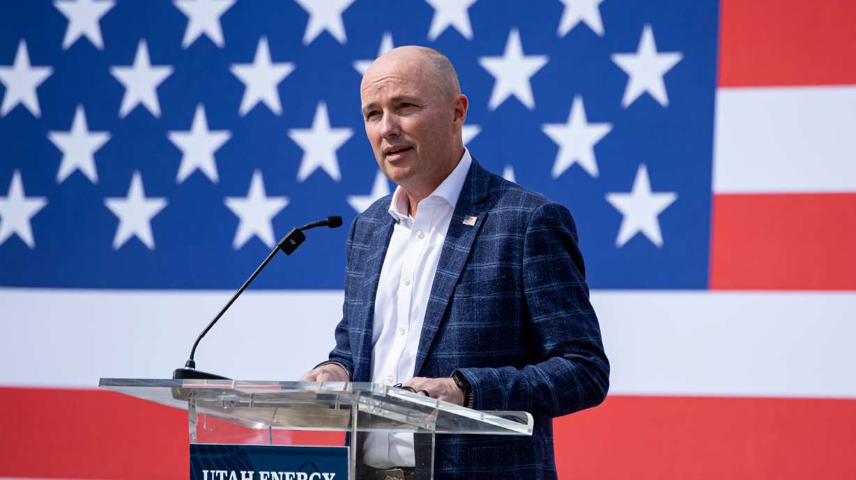Gov. Spencer Cox speaks during a news conference in north central Tooele County, announcing Utah’s intention to compete to bring a federal nuclear campus to the county on Friday.