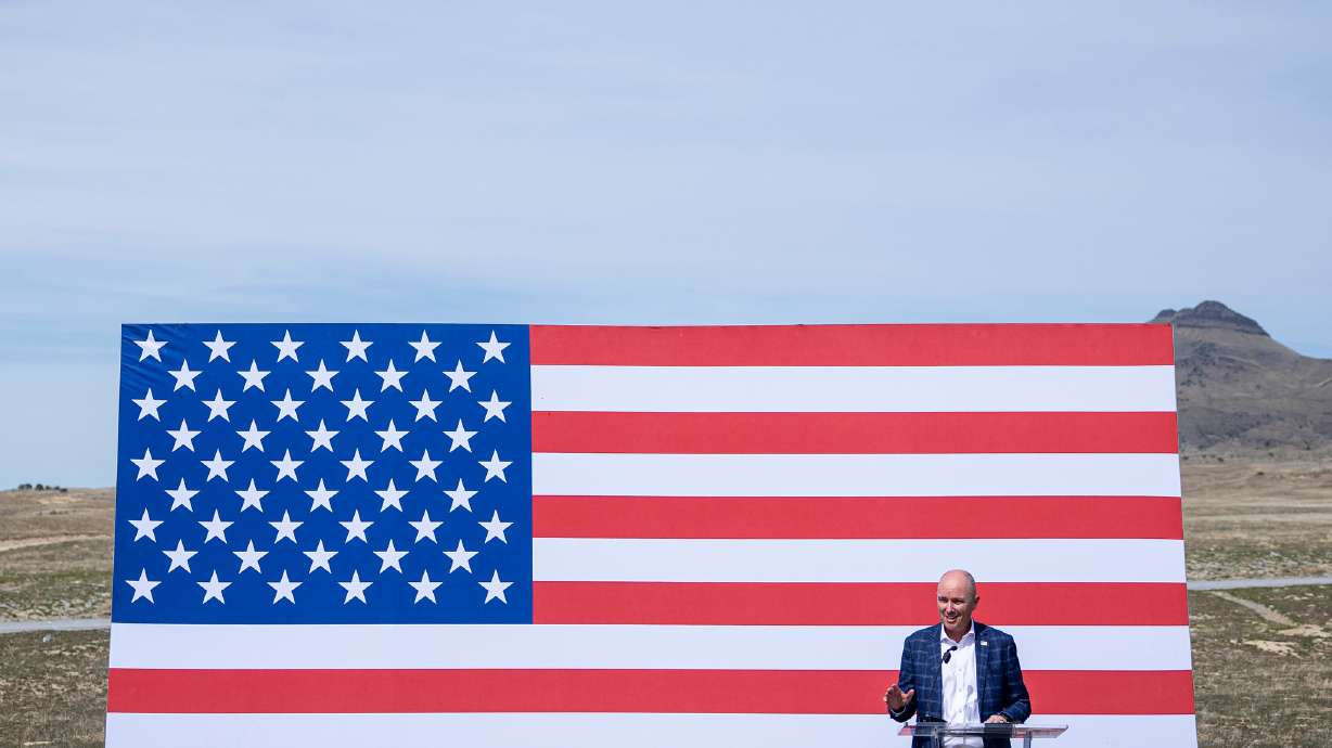 Gov. Spencer Cox speaks during a news conference in north central Tooele County announcing Utah’s intention to compete to bring a federal nuclear campus to the county on March 27. Utah was one of five states named as potential host sites for a campus.