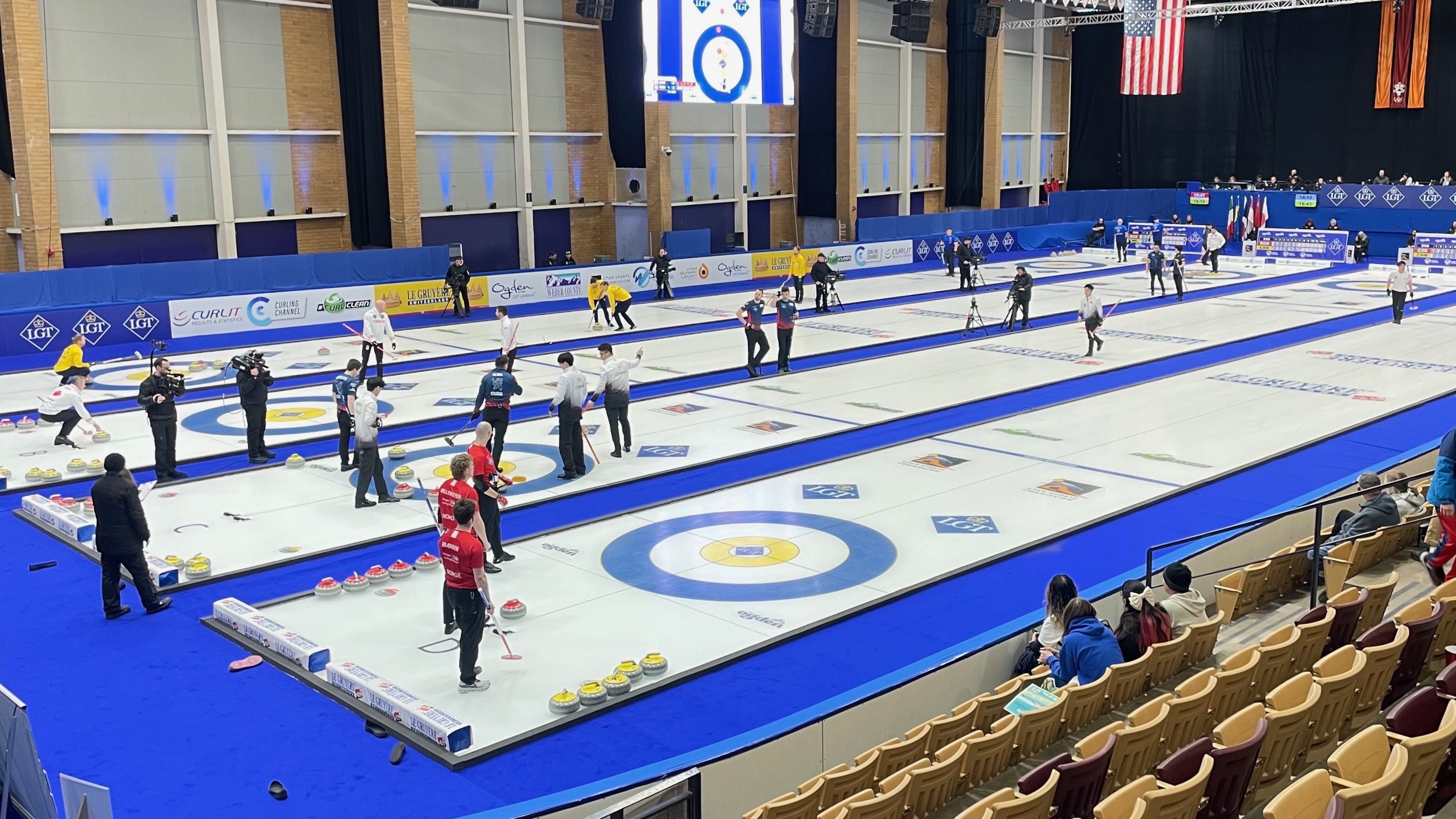 Thirteen teams from around the world, including some Olympic squads, have converged on Ogden at the Ice Sheet for the World Men's Curling Championship. The photo shows some of the action on Friday.