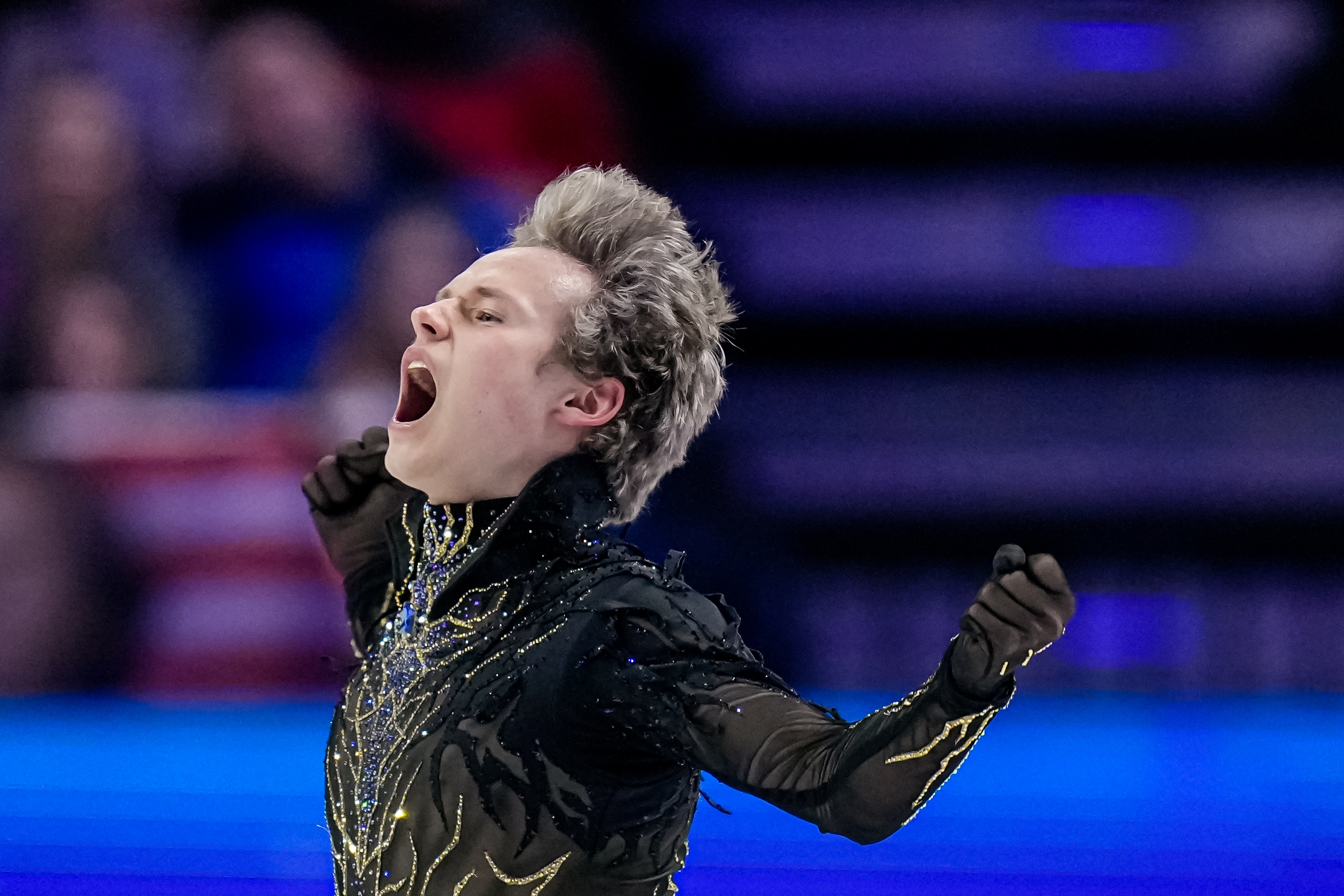 Ilia Malinin from the United States reacts at the end of his routine during the men free skating at the Figure Skating World Championships in Prague, Czech Republic, Saturday, March 28, 2026. 