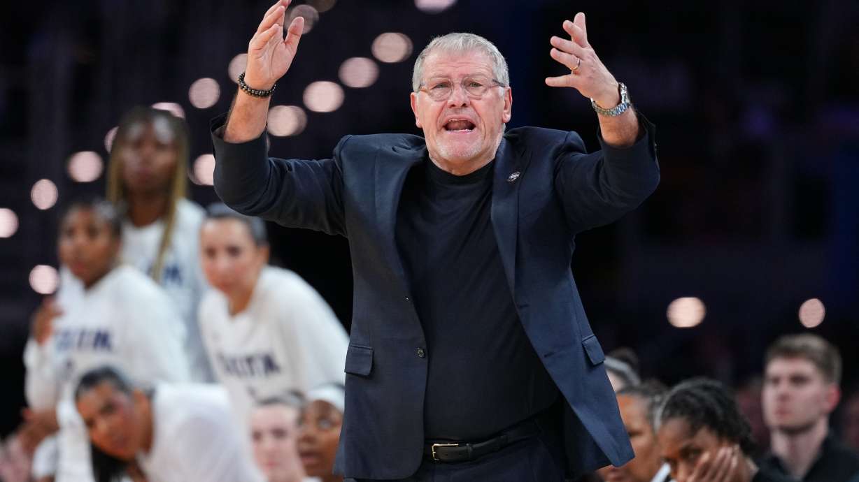 UConn head coach Geno Auriemma reacts to play in the first half in the Sweet 16 of the NCAA college basketball tournament against North Carolina, Friday, March 27, 2026, in Fort Worth, Texas.