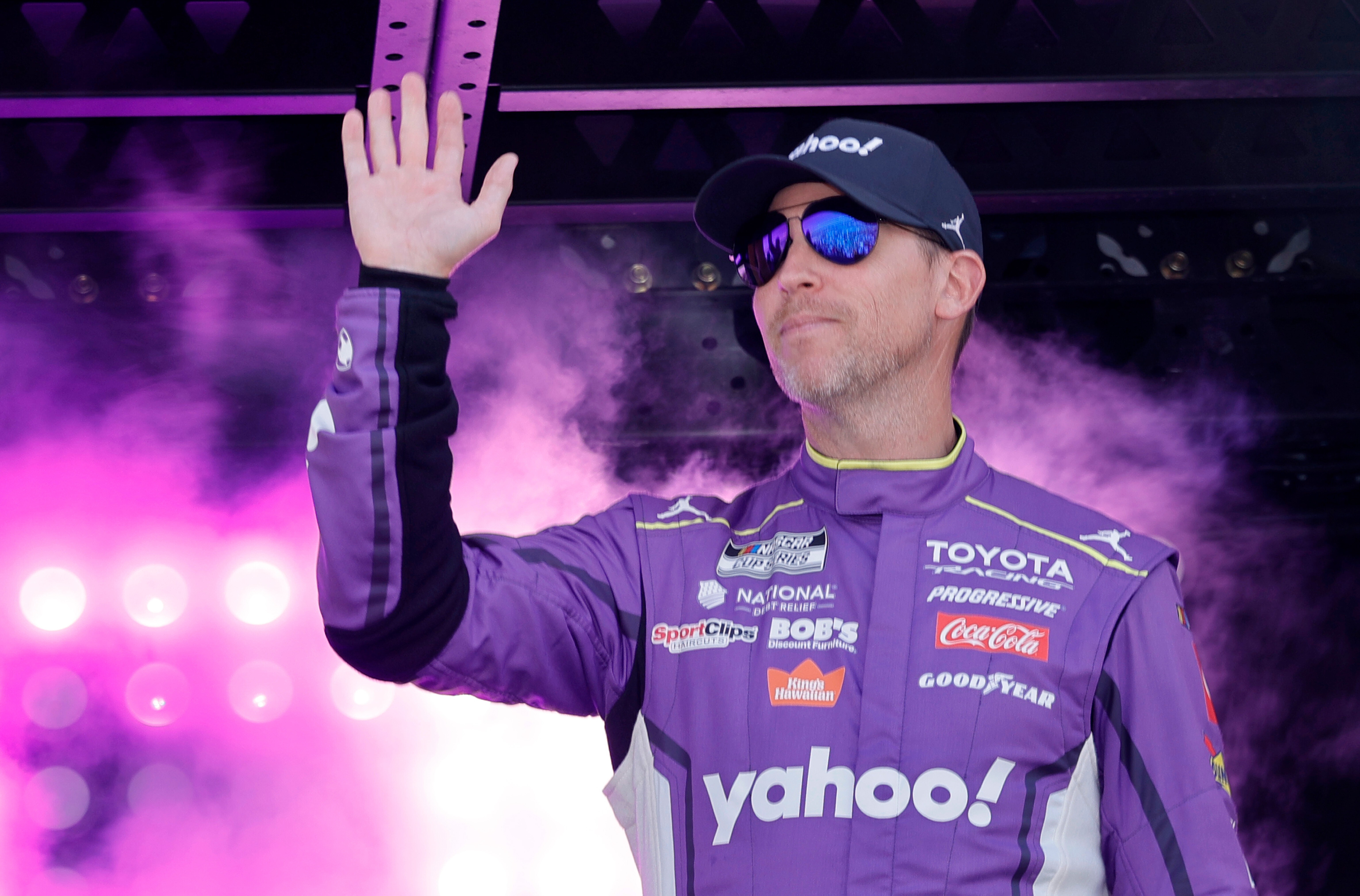 Denny Hamlin waves during driver introductions before a NASCAR Cup Series auto race at Las Vegas Motor Speedway Sunday, March 15, 2026, in Las Vegas. 