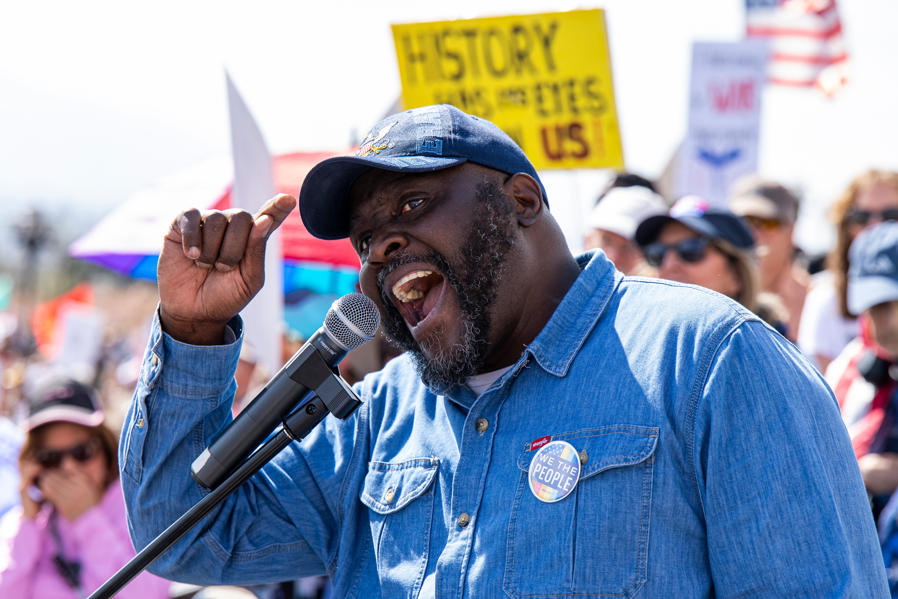 Robert Birch, a military veteran, speaks during a “No Kings” anti-Trump protest at the Capitol in Salt Lake City on Saturday. Birch gave a fiery speech at the protest on the "people's power."