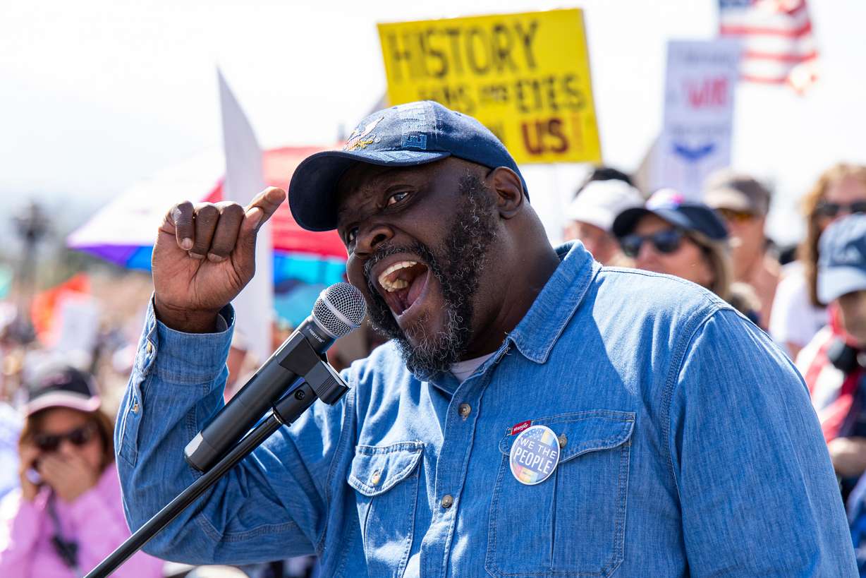 Robert Birch, a military veteran, speaks during a “No Kings” anti-Trump protest at the Capitol in Salt Lake City on Saturday. Birch gave a fiery speech at the protest on the "people's power."