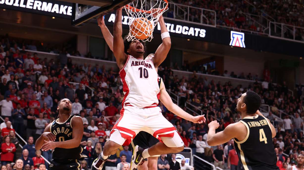 Arizona forward Koa Peat (10) dunks during the second half in the Elite Eight of the NCAA college basketball tournament against Purdue, Saturday, March 28, 2026, in San Jose, Calif.