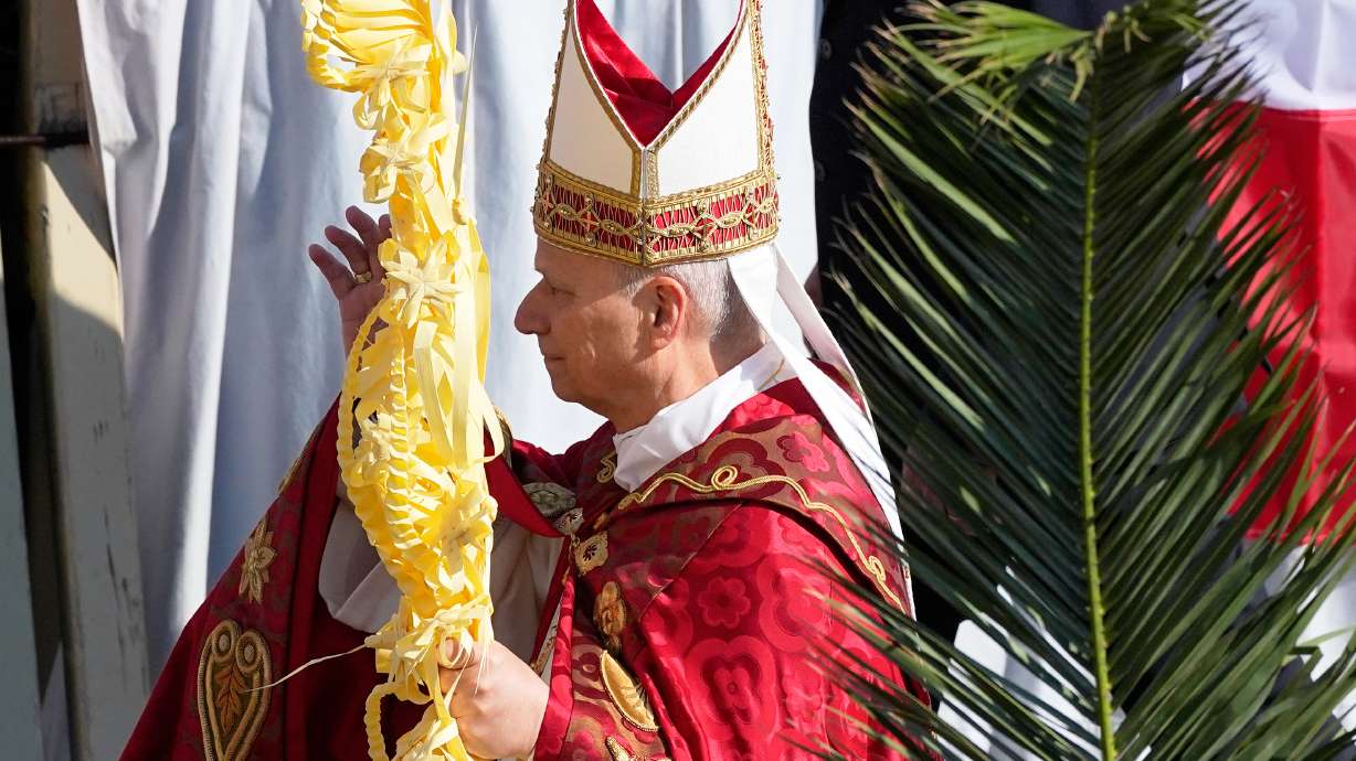 Pope Leo XIV presides over Mass in St. Peter's Square at the Vatican on the Catholic feast of Palm Sunday, commemorating Jesus' arrival in Jerusalem, Sunday.