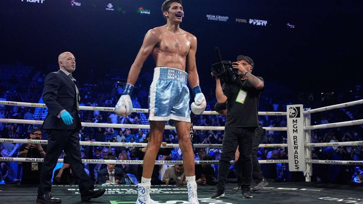 Sebastian Fundora celebrates after defeating Keith Thurman in a super welterweight championship boxing match Saturday, March 28, 2026, in Las Vegas.