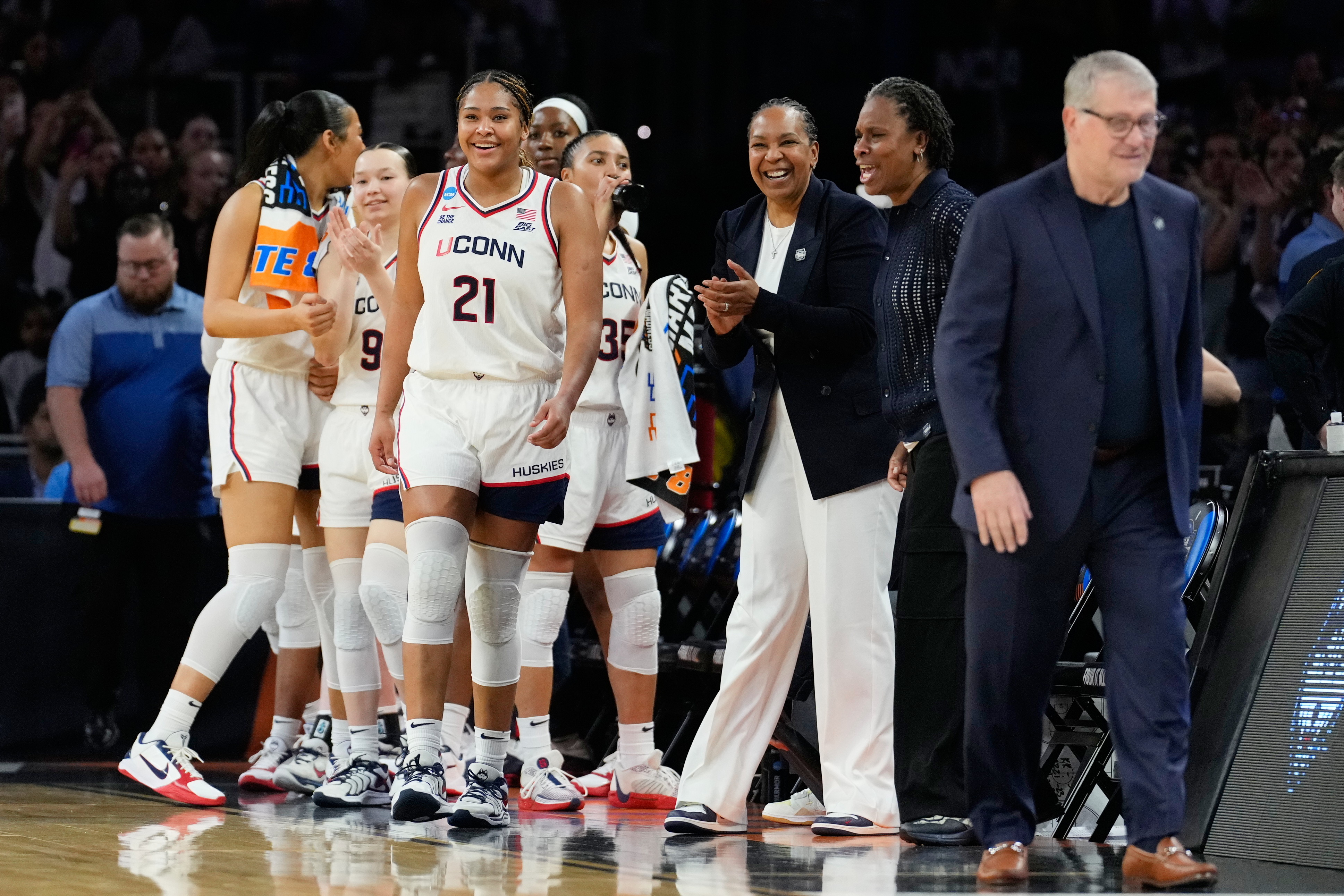 UConn forward Sarah Strong and teammates react at the end of a game against the Notre Dame in the Elite Eight of the NCAA college basketball tournament, Sunday, March 29, 2026, in Fort Worth, Texas. 