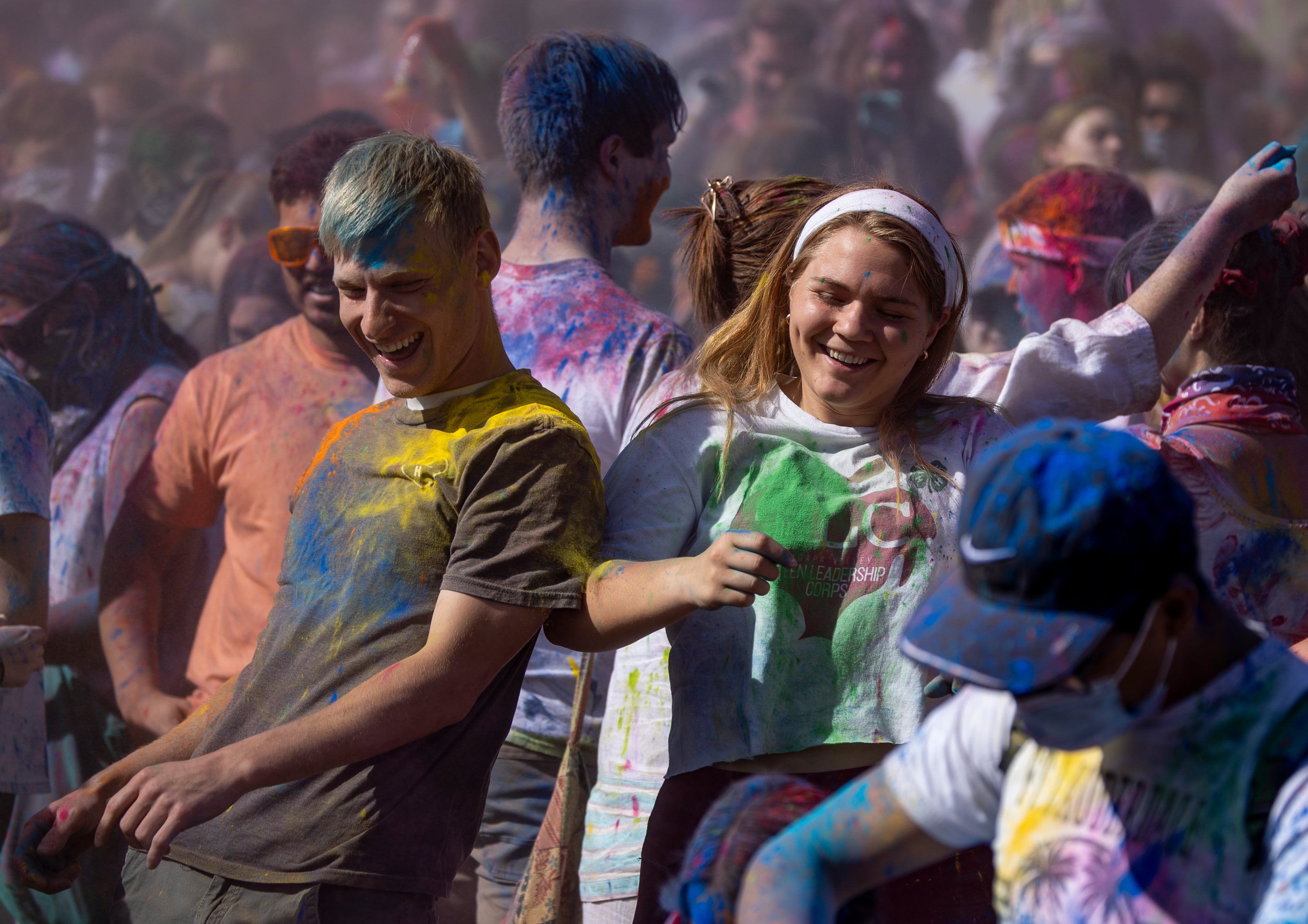 People dance as they celebrate Holi at the Sri Sri Radha Krishna Temple in Spanish Fork on Saturday.