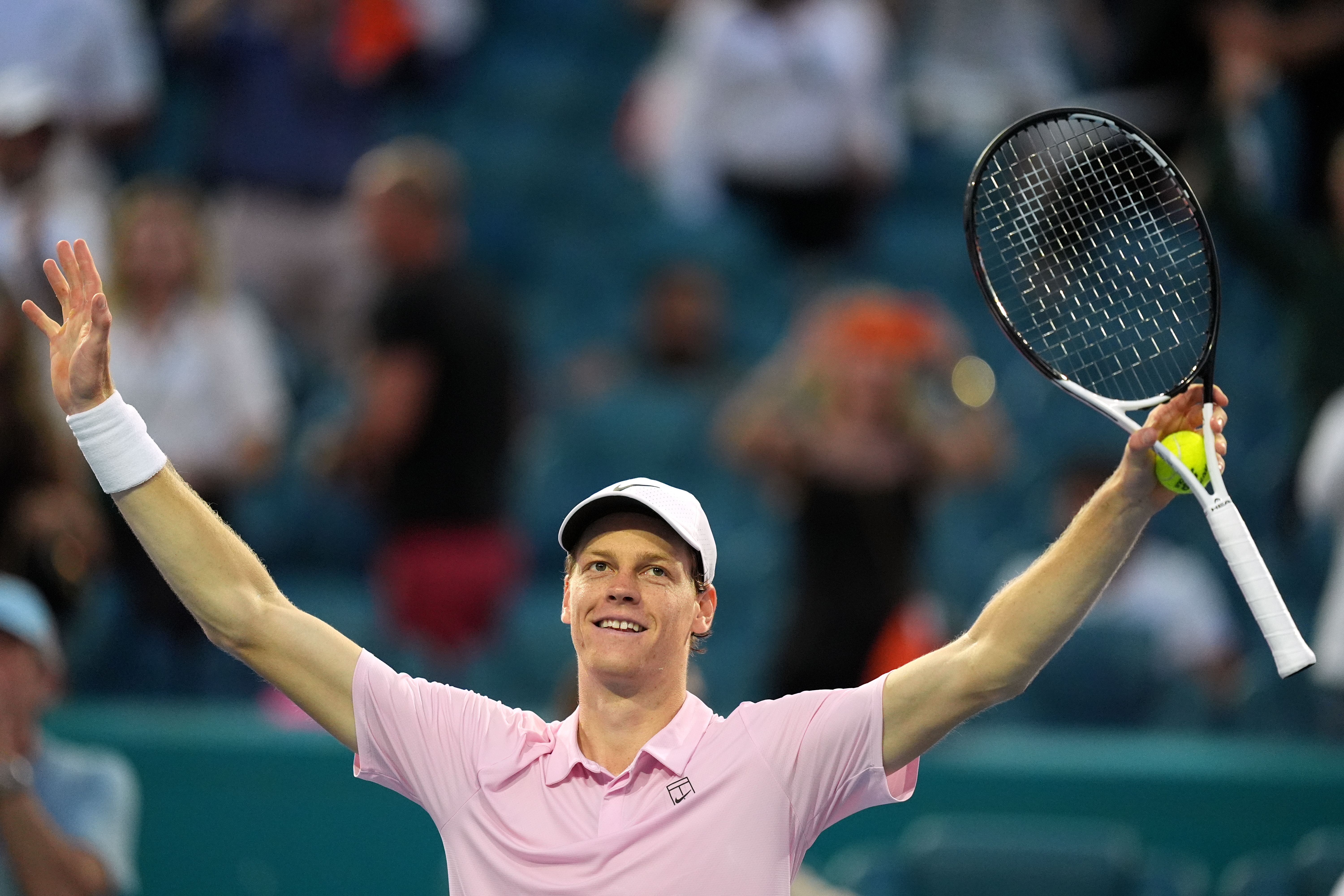 Jannik Sinner of Italy celebrates after defeating Jiri Lehecka of the Czech Republic in the men's singles final at the Miami Open tennis tournament, Sunday, March 29, 2026, in Miami Gardens, Fla. 