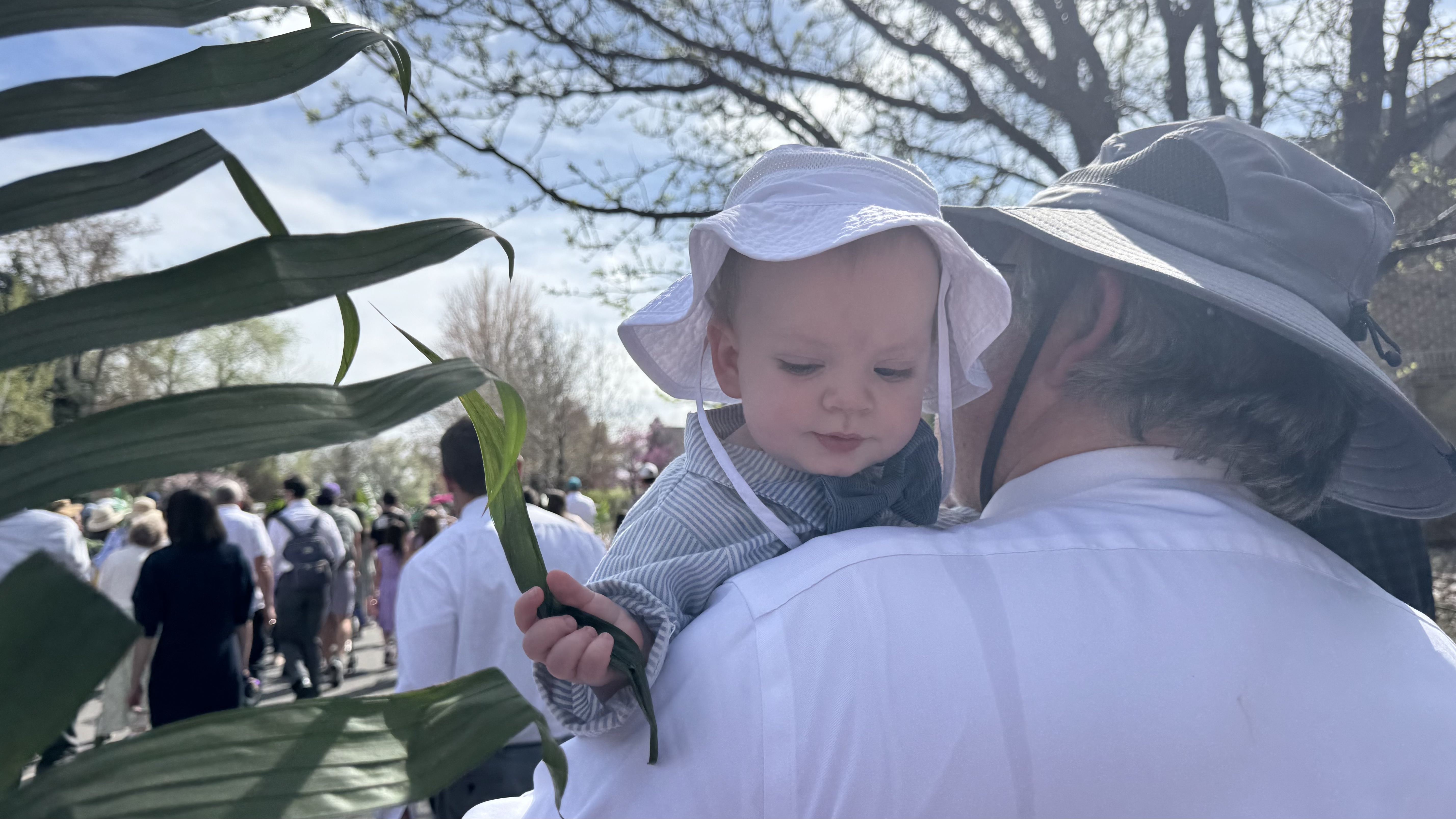 Samuel Andersen waves a leaf from a palm frond during a Palm Sunday walk on Sunday.