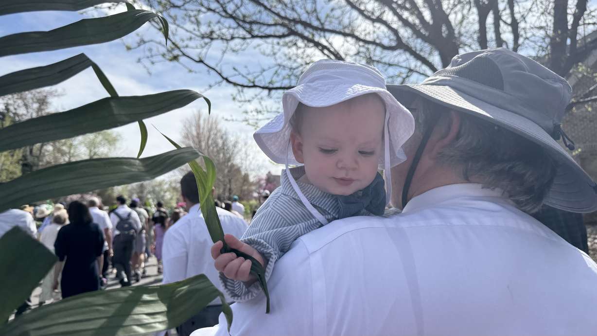 Samuel Andersen waves a leaf from a palm frond during a Palm Sunday walk on Sunday.