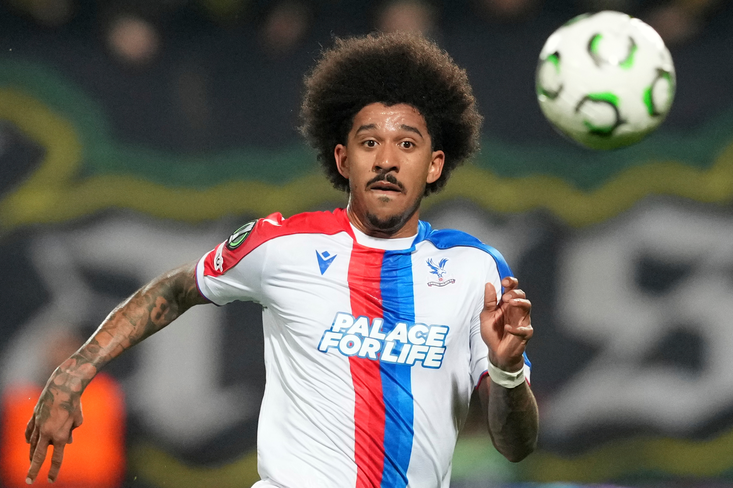 Crystal Palace's Chris Richards challenges for the ball during the Conference League round of 16 second leg soccer match between AEK Larnaca and Chrystal Palace in Larnaca, Cyprus, Thursday, March 19, 2026. 