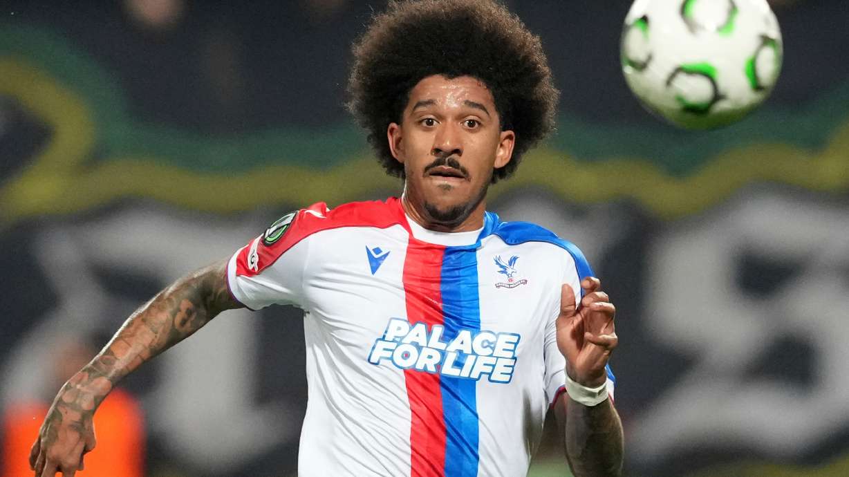 Crystal Palace's Chris Richards challenges for the ball during the Conference League round of 16 second leg soccer match between AEK Larnaca and Chrystal Palace in Larnaca, Cyprus, Thursday, March 19, 2026.