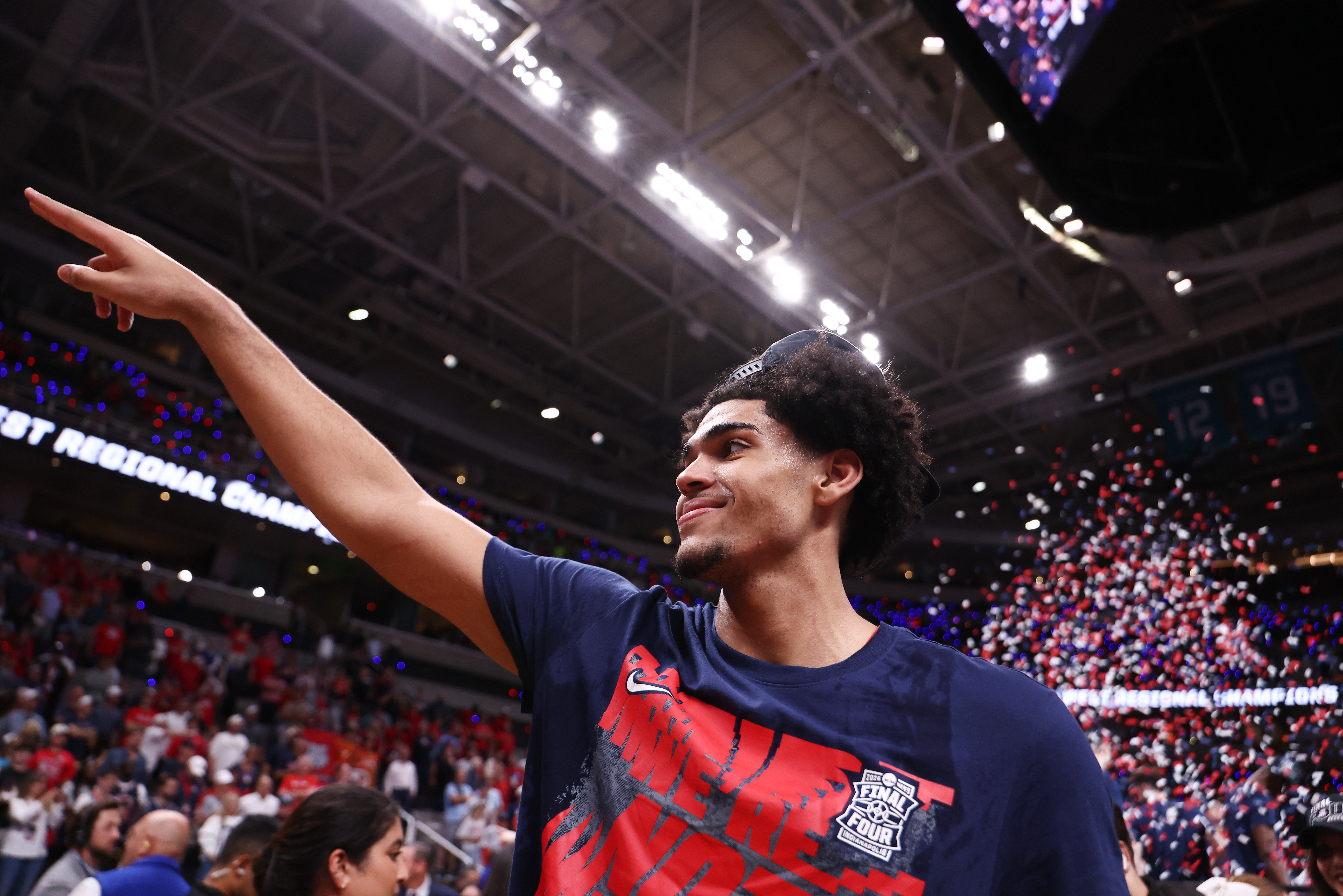 Arizona forward Koa Peat celebrates after a win over Purdue in the Elite Eight of the NCAA college basketball tournament, Saturday, March 28, 2026, in San Jose, Calif. 