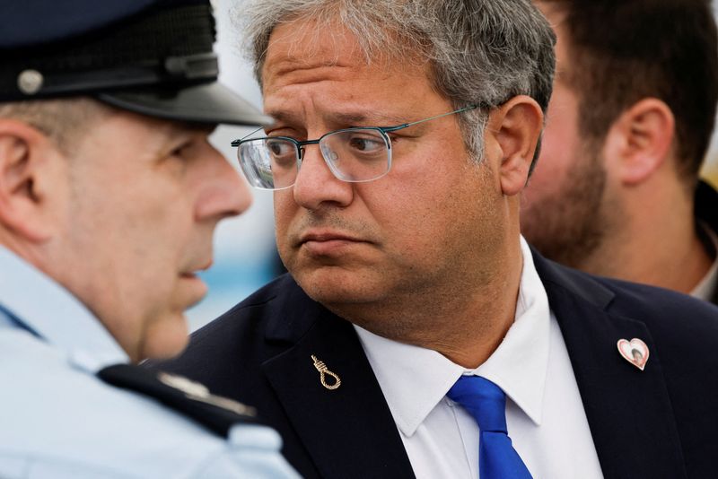 Israeli National Security Minister Itamar Ben-Gvir attends a memorial service held for Ran Gvili, an off-duty police officer who was killed fighting militants that had infiltrated Israel during the deadly Oct. 7, 2023, attack by Hamas, and the last hostage recovered from Gaza, in Meitar, Israel, Jan. 28, 2026.