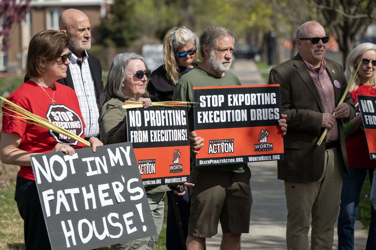 A small group gathers to express their concerns about Okland Construction’s involvement in the construction of a building that will be used for executions at the Idaho State Prison. The group delivered a petition and a letter to officials at Okland in Salt Lake City on Monday.