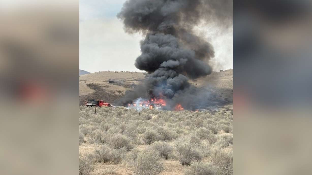 The River Ranch Fire burns near Levan, Juab County on Monday. Firefighters say the 15-acre fire destroyed two structures in the area.