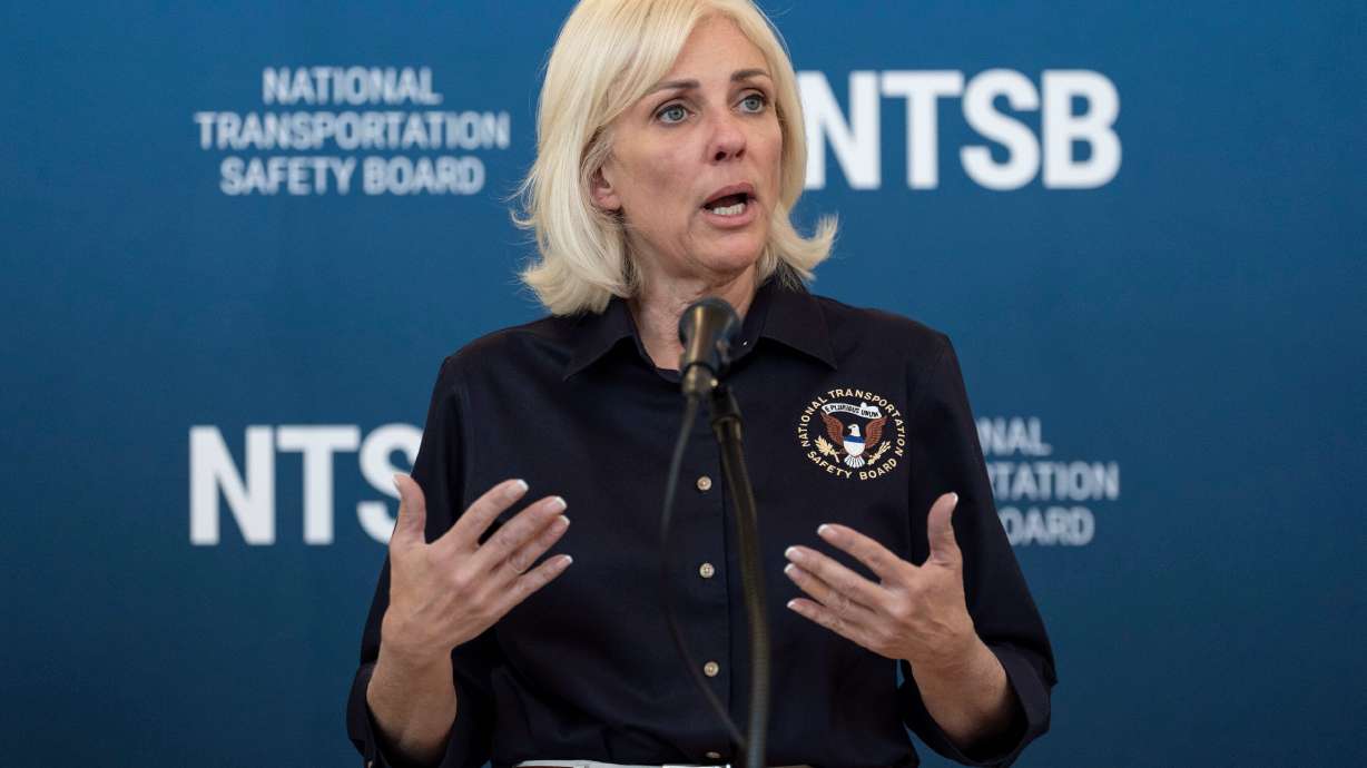 Jennifer Homendy speaks on March 24 at LaGuardia Airport in New York. The head of the National Transportation Safety Board said Tuesday that systems that allow drivers to take their hands off the wheel don't improve safety.