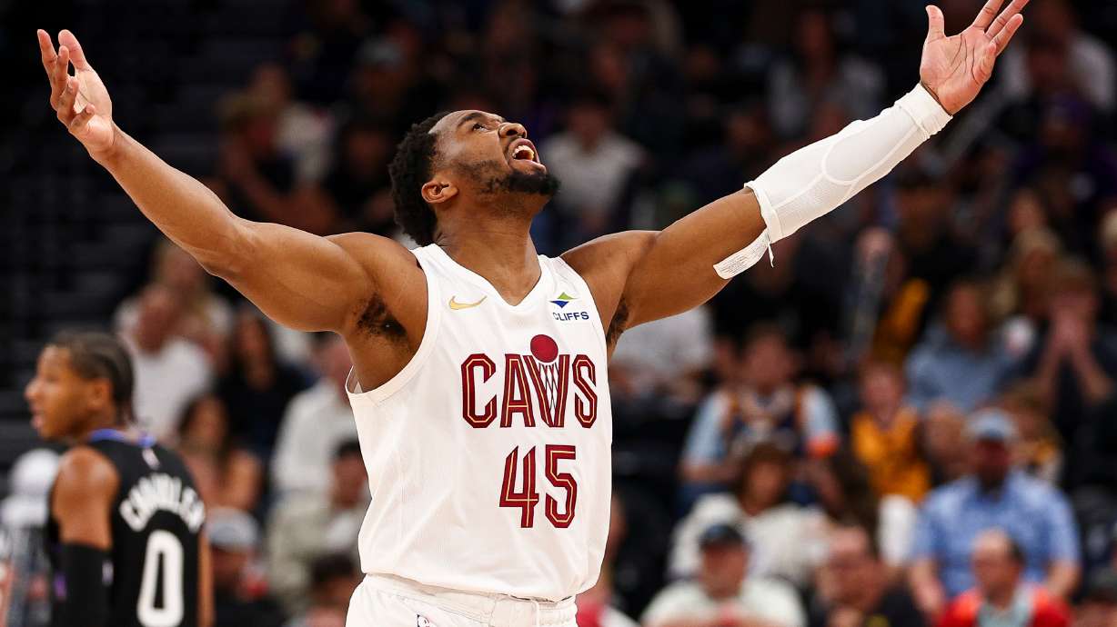 Cleveland Cavaliers guard Donovan Mitchell (45) reacts after an assist during the second half of an NBA game against the Utah Jazz at the Delta Center in Salt Lake City on Monday, March 30, 2026.