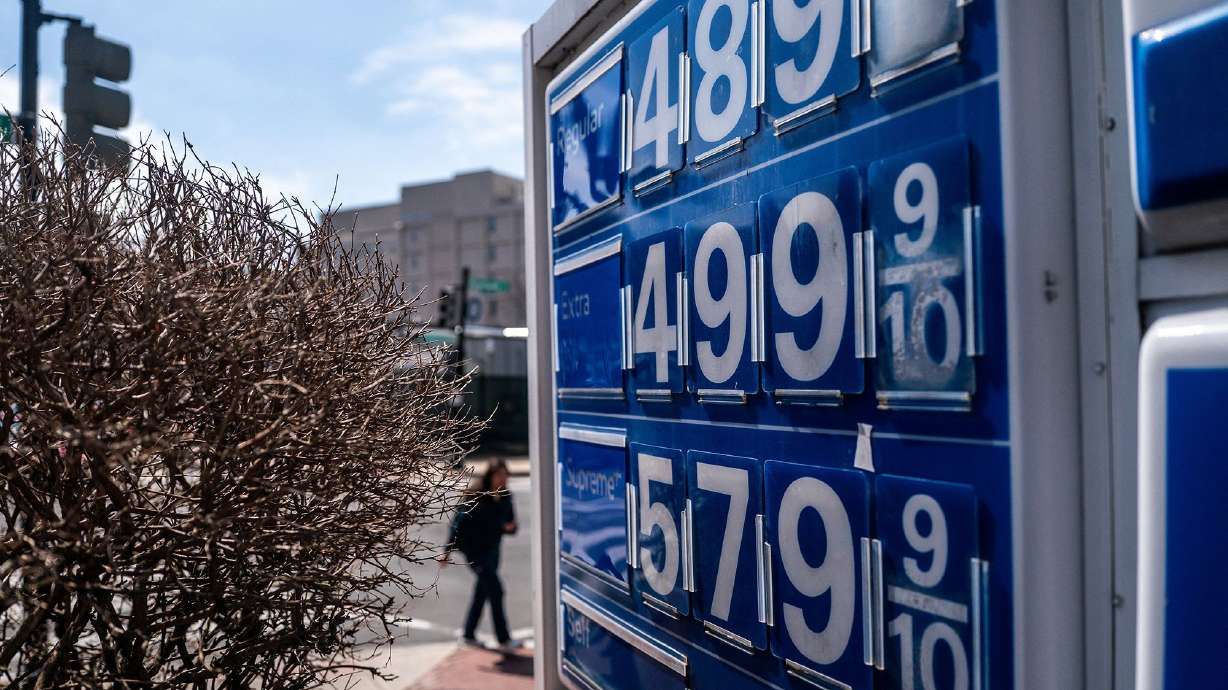 Gas prices are seen at a gas station on Capitol Hill, amid the U.S.-Israeli war with Iran, in Washington, DC, on March 19. The national average price for a gallon of regular unleaded gasoline has topped $4 for the first time since 2022.