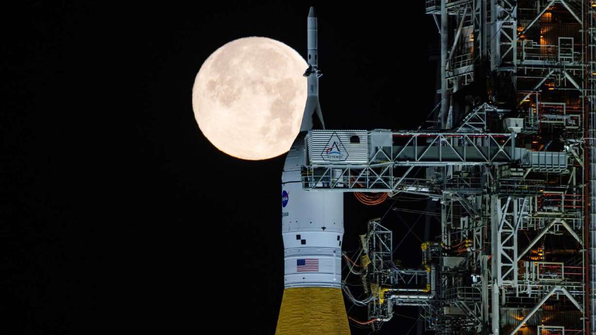 NASA's Space Launch System and Orion spacecraft atop the mobile launcher in the early hours of Feb. 1, at NASA's Kennedy Space Center in Florida. The Artemis II mission will send four astronauts on a lunar fly-around.