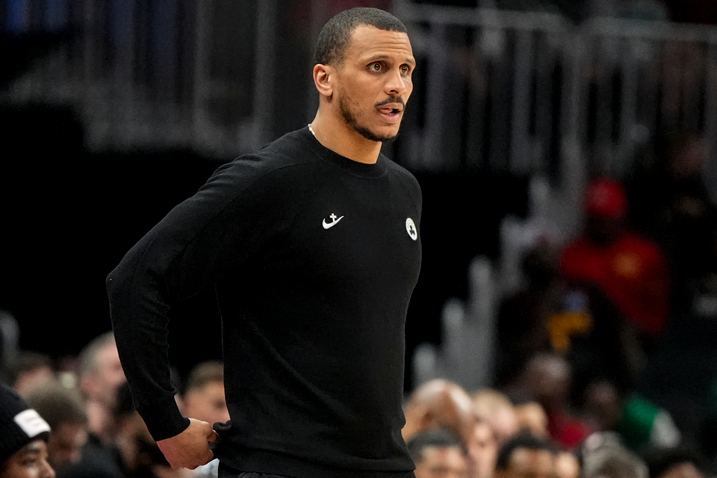 Boston Celtics head coach Joe Mazzulla watches play against the Atlanta Hawks in the first half of an NBA basketball game, Monday, March 30, 2026, in Atlanta.