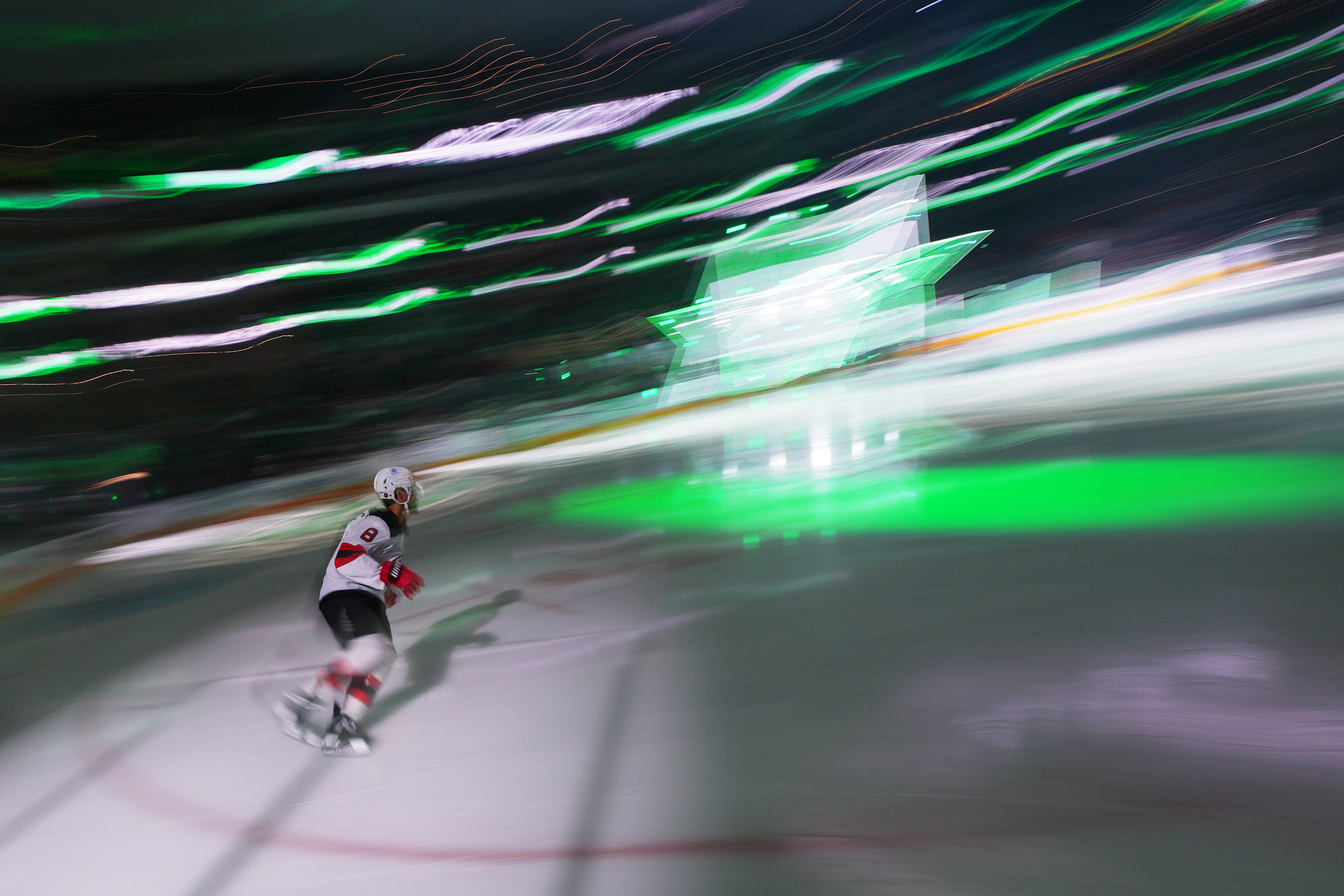 New Jersey Devils defenseman Johnathan Kovacevic takes the ice prior to an NHL hockey game against the Dallas Stars Tuesday, March 24, 2026, in Dallas. 