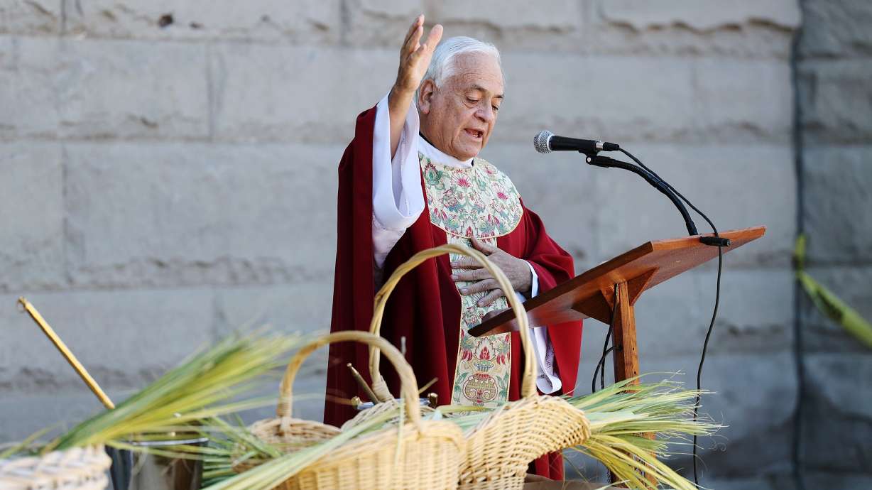 The Rev. Martin Diaz, rector of the Cathedral of the Madeleine, takes part in a special Palm Sunday service at the cathedral in Salt Lake City on March 28, 2021.