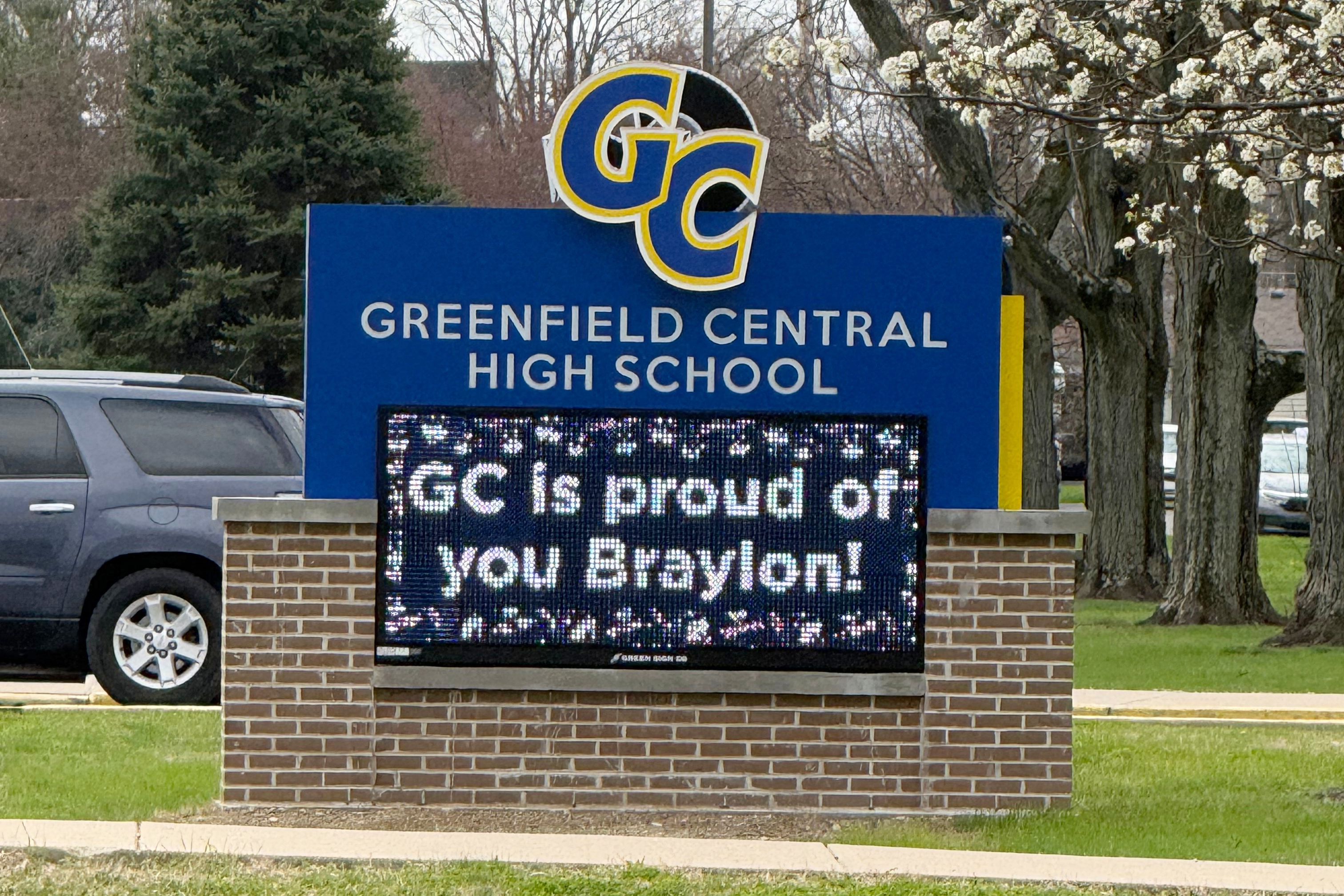 A digital sign outside Greenfield Central High School in Greenfield, Ind., congratulates the UConn men's college basketball team and Greenfield graduate Braylon Mullins, Monday, March 30, 2026, following the Husky's Elite Eight win over Duke in the NCAA Tournament.