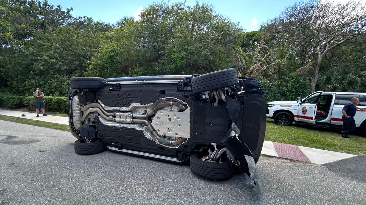 This photo provided by the Martin County Sheriff's Office shows the overturned vehicle in a rollover crash which involved Tiger Woods in Jupiter Island, Fla., on Friday, March 27, 2026.