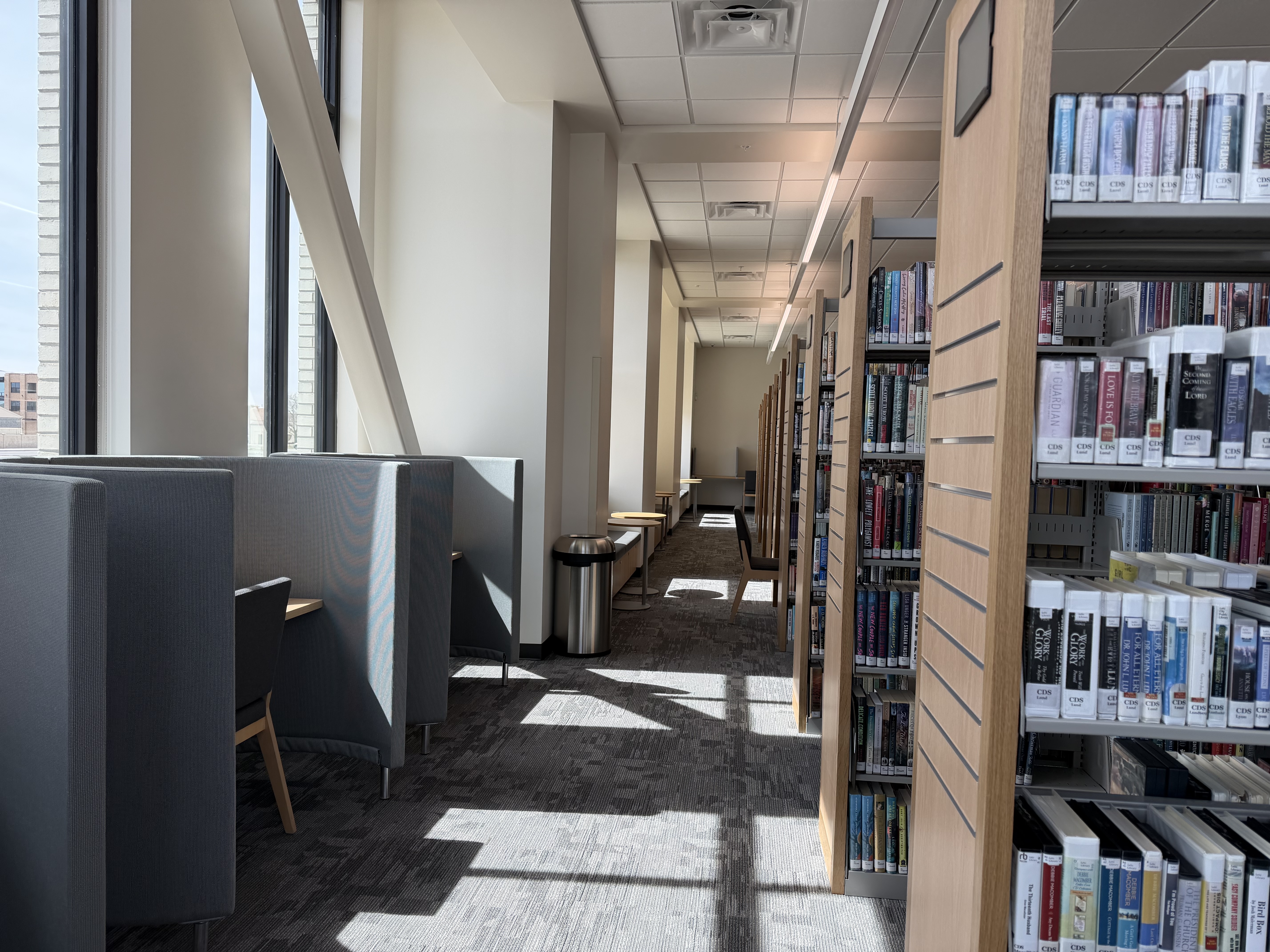 Bookshelves and desks are pictured in the new Lehi Library, located at the Lehi Civic Center, on Friday.