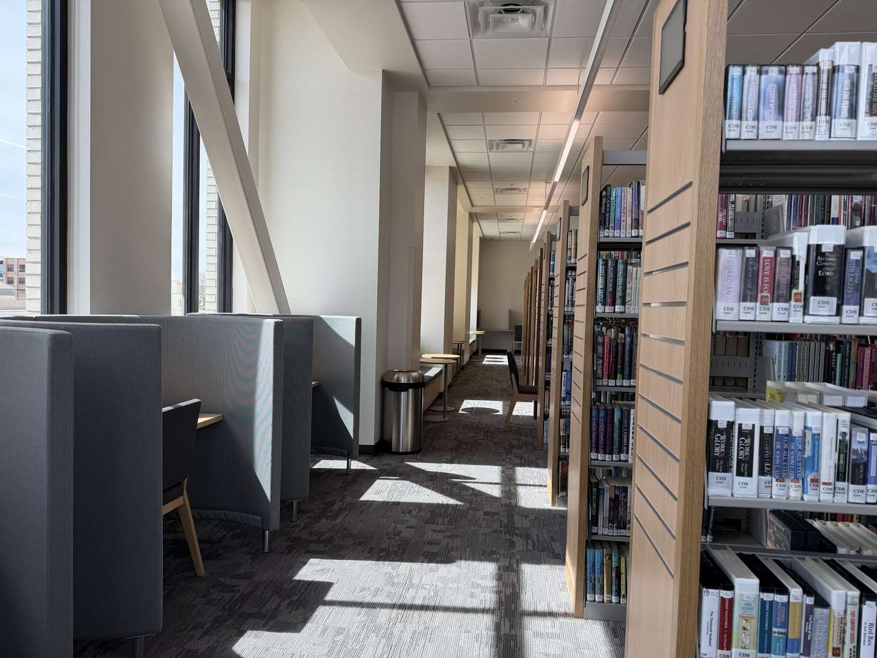 Bookshelves and desks are pictured in the new Lehi Library, located at the Lehi Civic Center, on Friday.