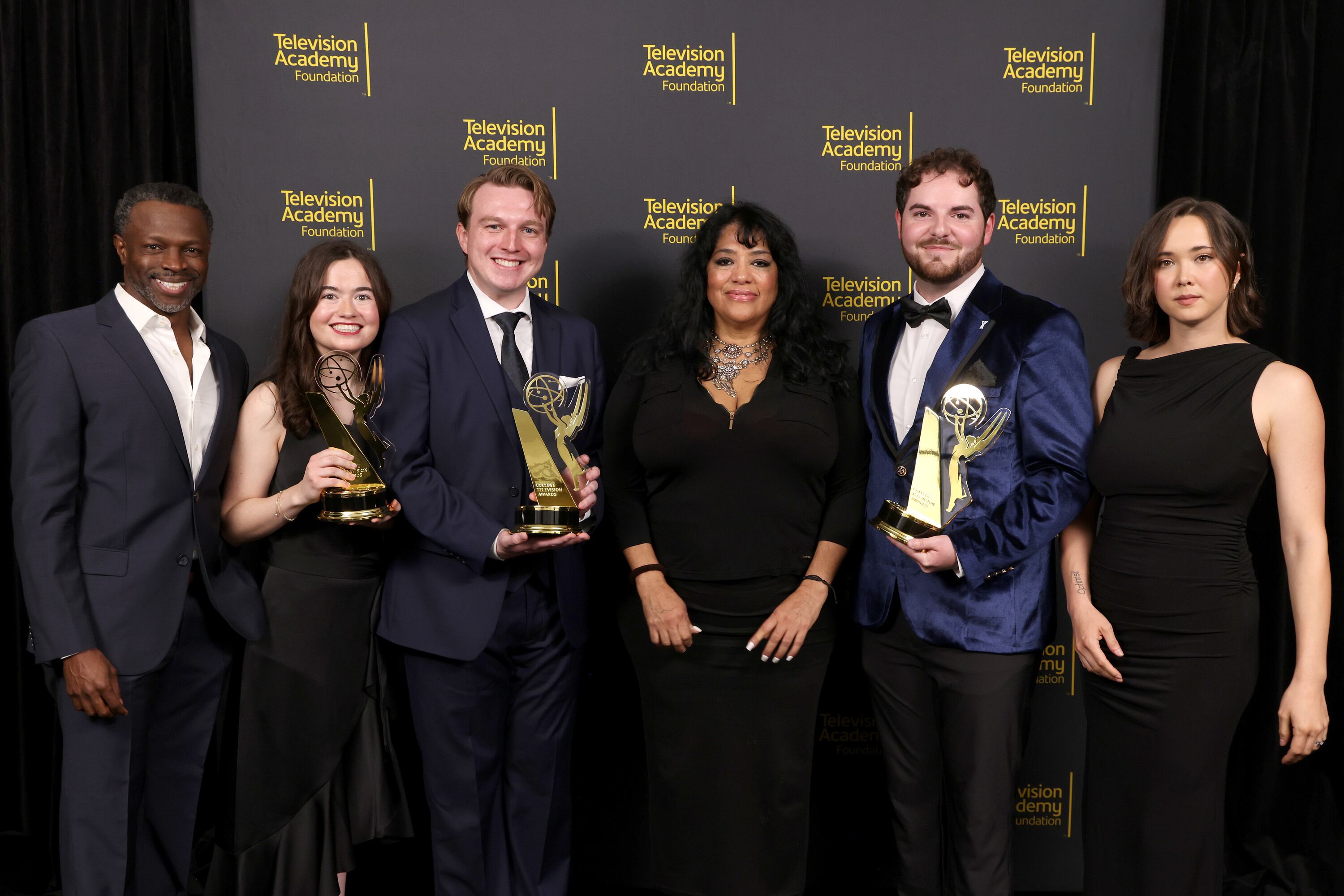 Sean Patrick Thomas, Monica Perdomo, and London Thor, with Brigham Young University students Abigail Tolley, Ryan Jones, and Austin Lawrence, the Comedy Series and Chance Perdomo Legacy Scholarship winners at the 45th College Television Awards presented by the Television Academy Foundation, Saturday in Los Angeles. The wins by the school cemented its media program's elite status.