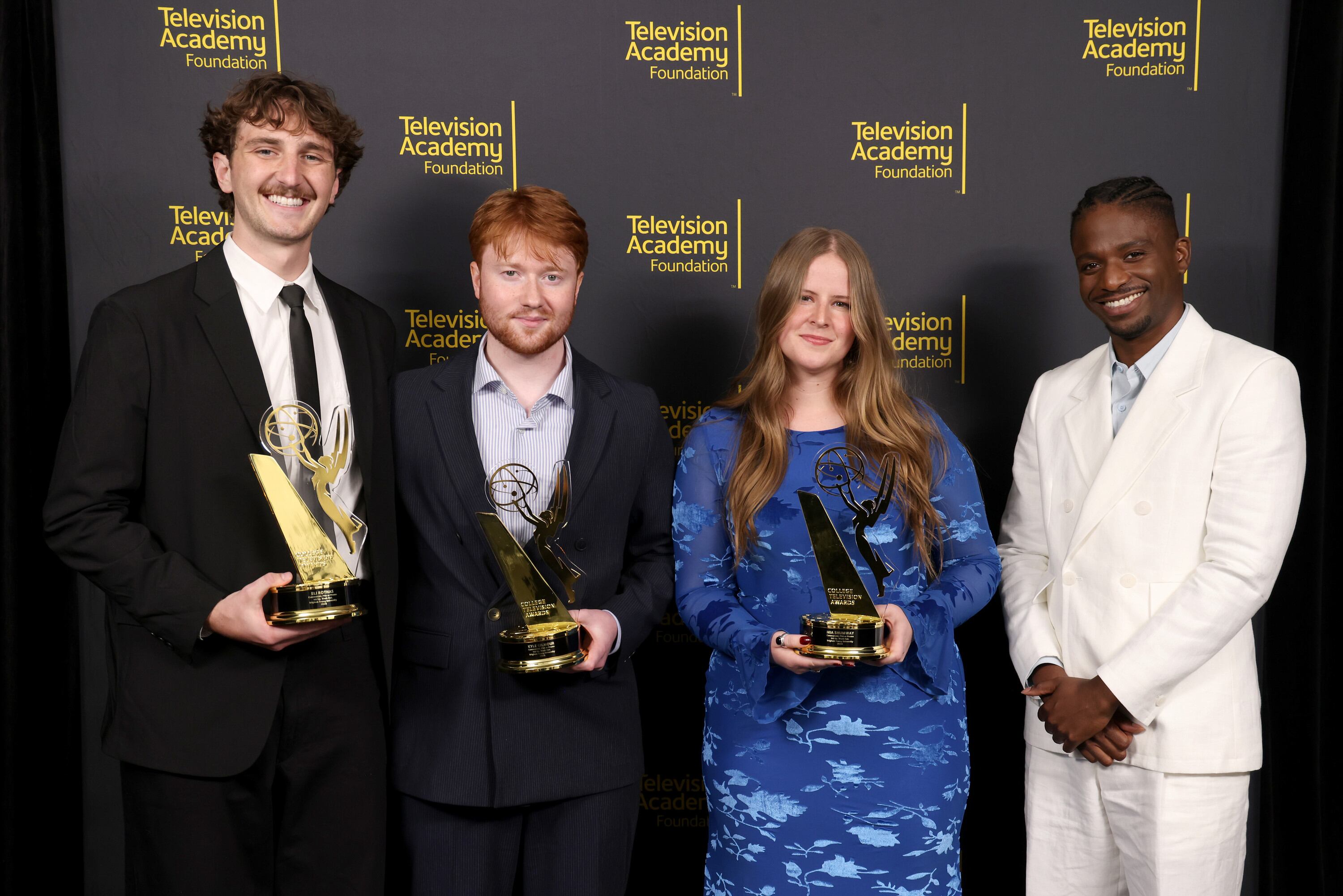 Samuel Arnold with Brigham Young University students Eli Rothas, Kyle Gilmour, and Mia Shumway the Commercial, PSA or Promo Award winners for "Ink Up. Wash Out.," at the 45th College Television Awards presented by the Television Academy Foundation, on Saturday at the Wolf Theatre at the Saban Media Center in Los Angeles. The pressure was on to continue the BYU animation program's long streak of excellence.
